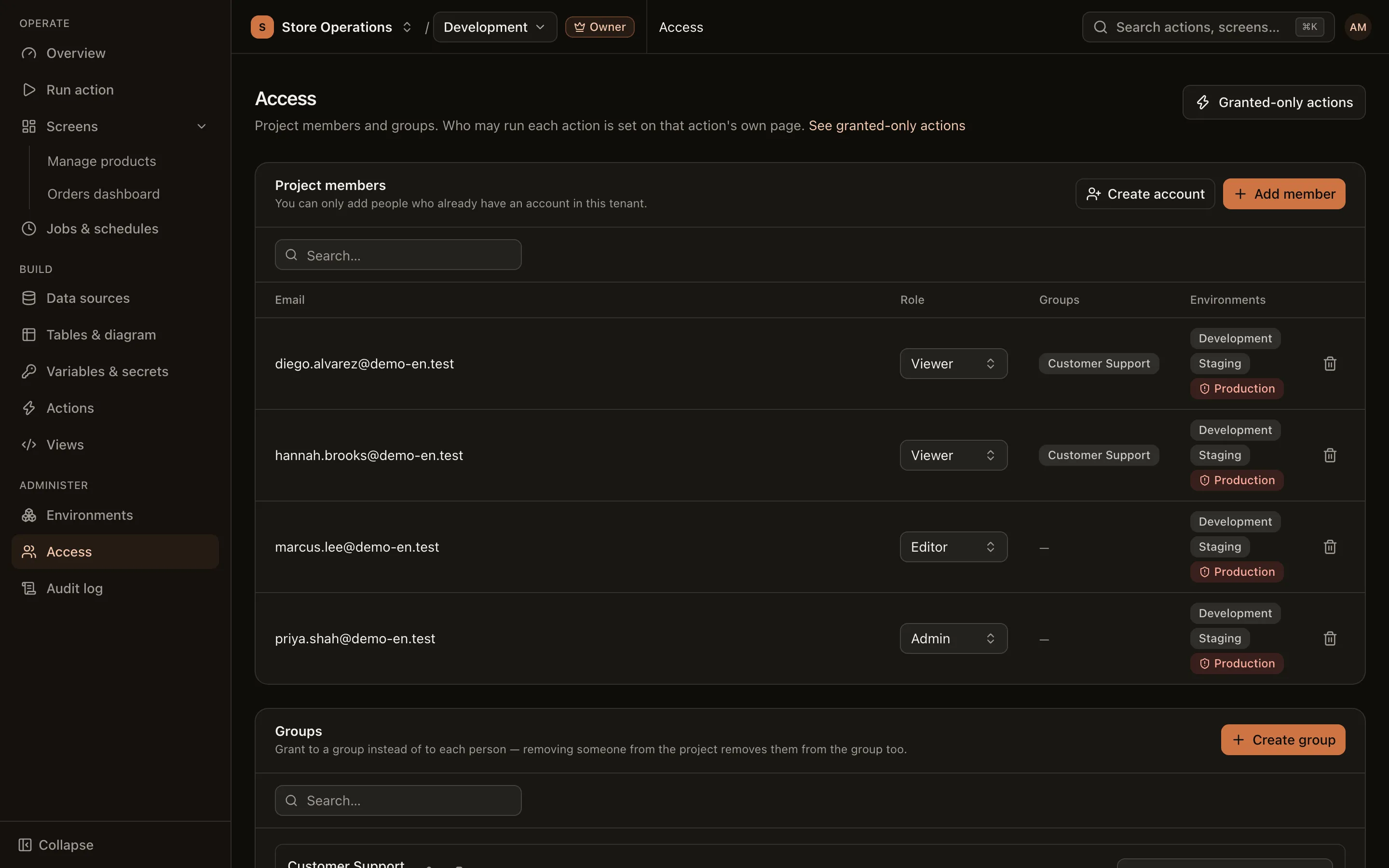 The Access page with members holding admin, editor and viewer roles, and a list of groups