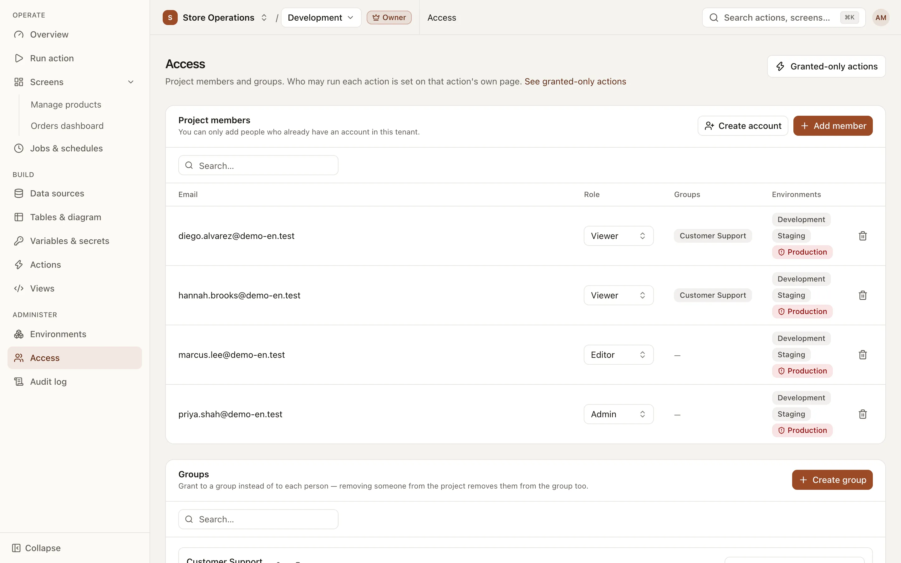 The Access page with members holding admin, editor and viewer roles, and a list of groups
