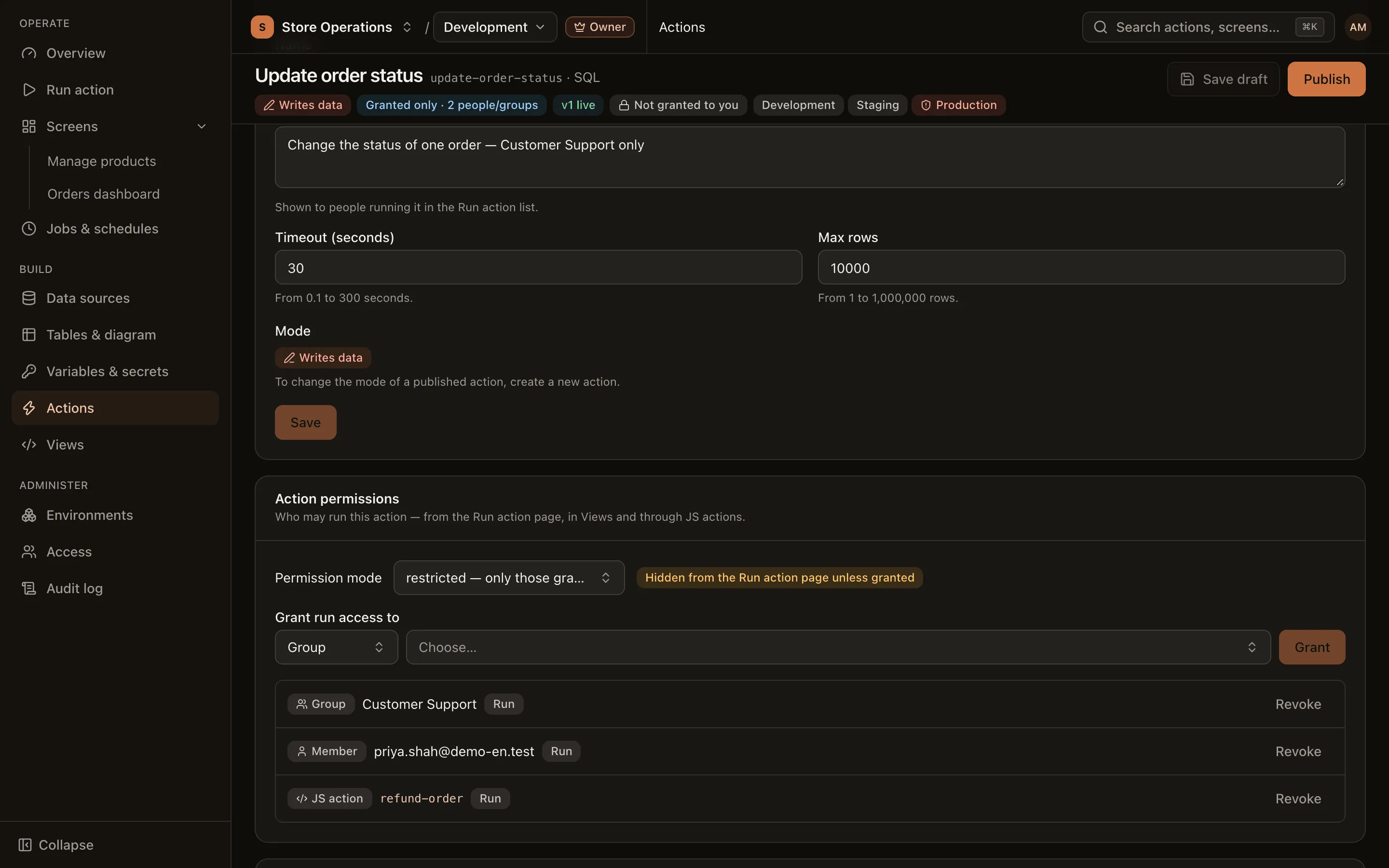 The Action permissions card with the open or restricted permission mode