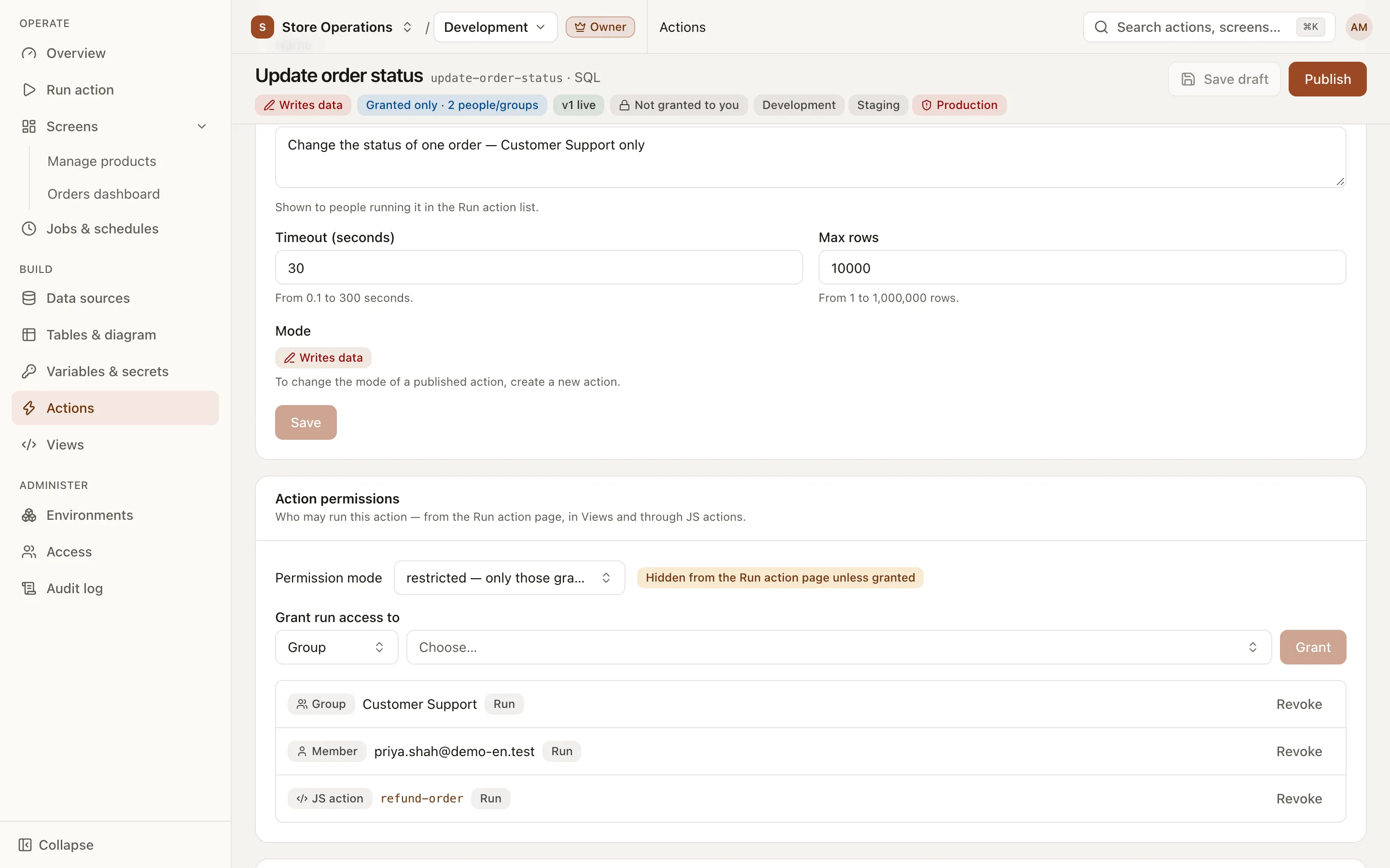 The Action permissions card with the open or restricted permission mode