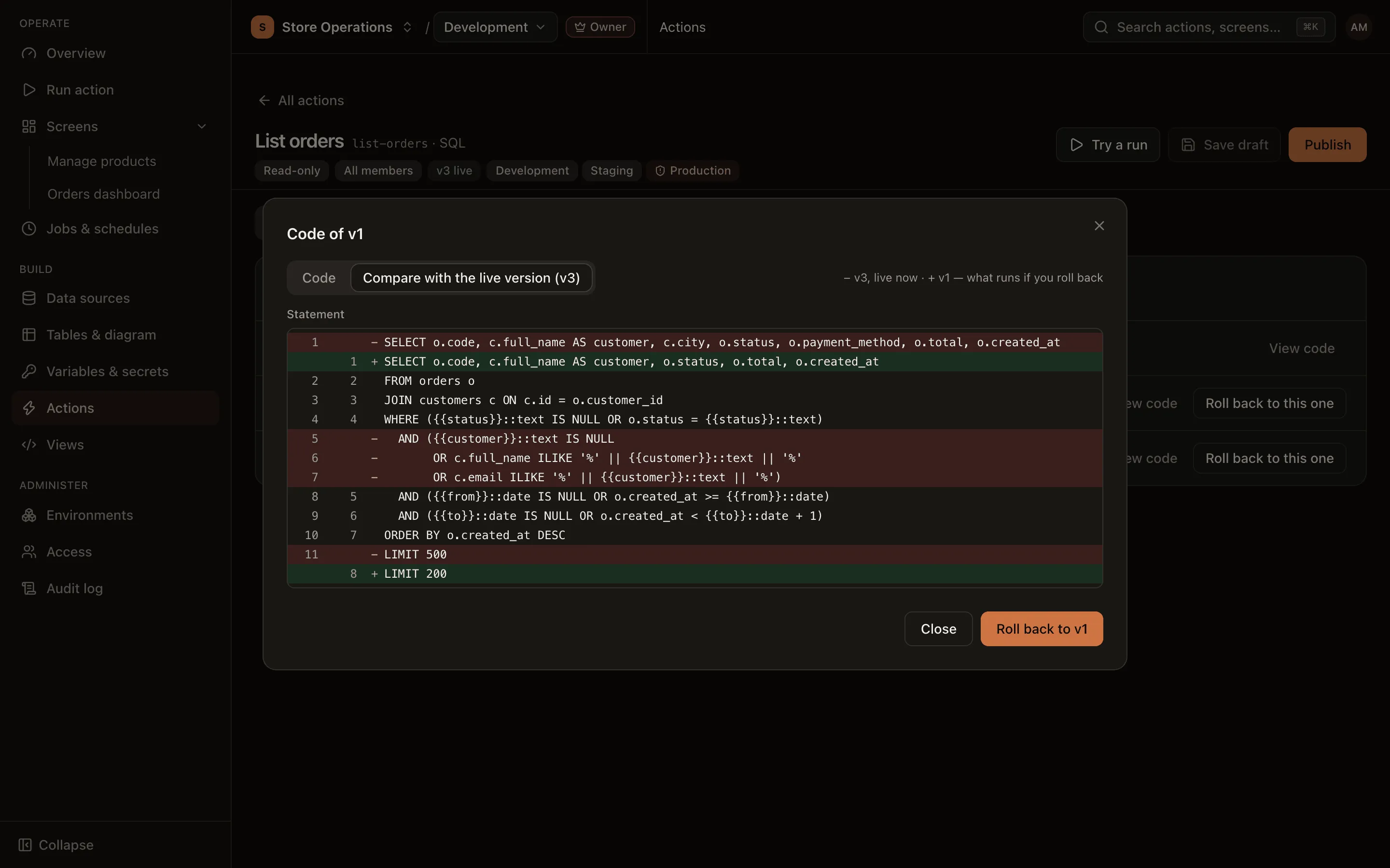 Versions tab of an action: the version history and the comparison with the live version
