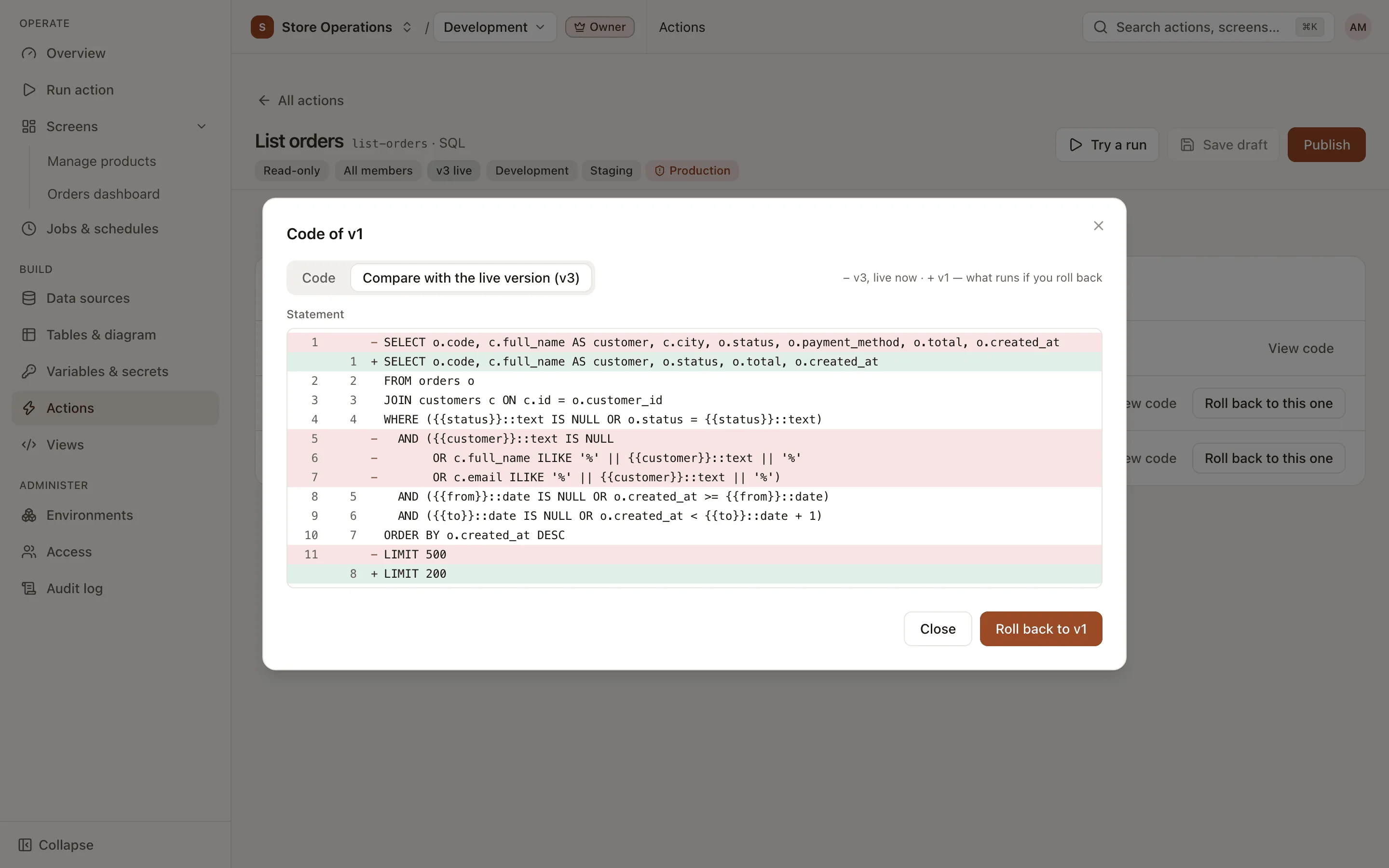 Versions tab of an action: the version history and the comparison with the live version