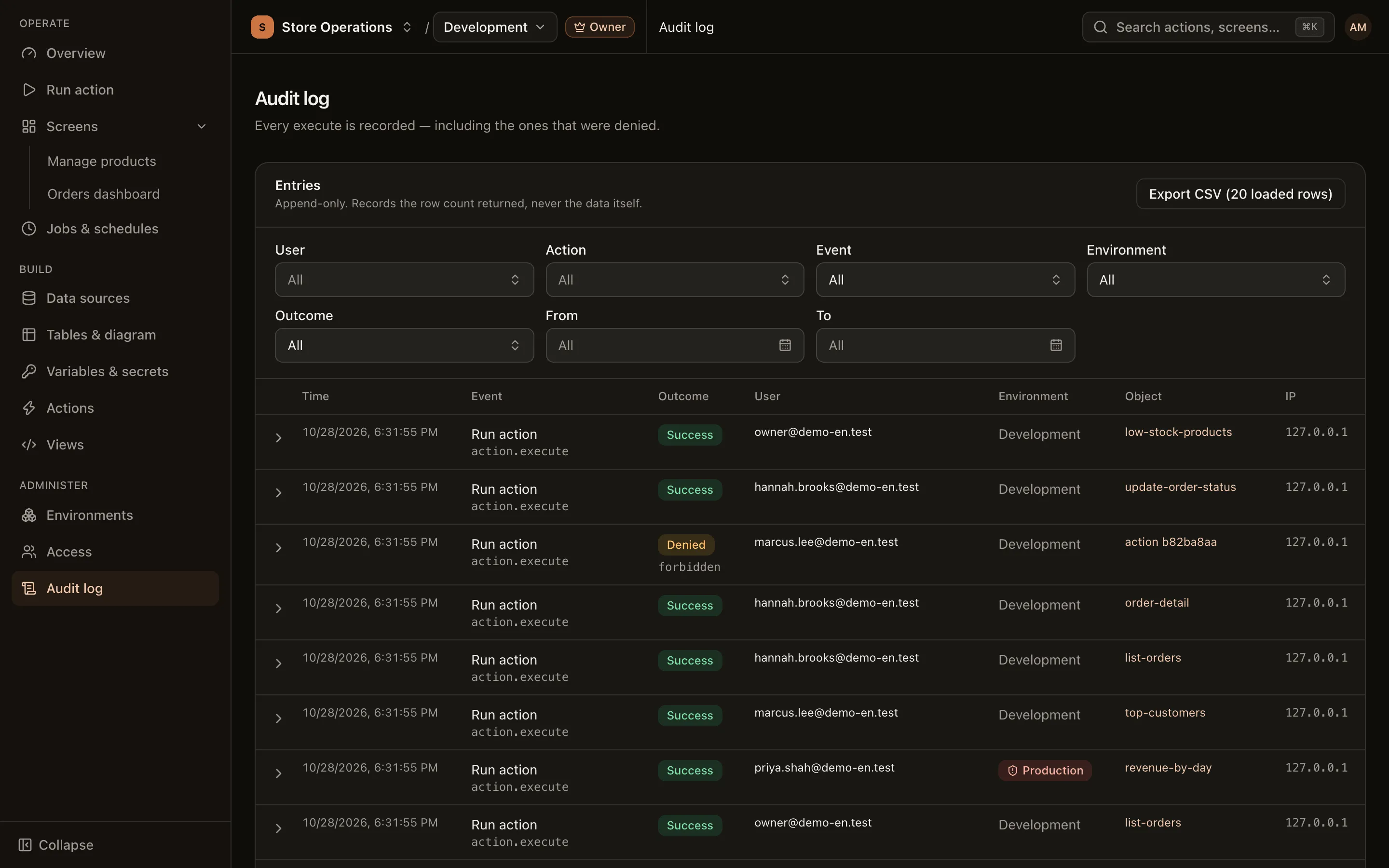 Audit log page: a list of events with user, event, environment, outcome and date filters