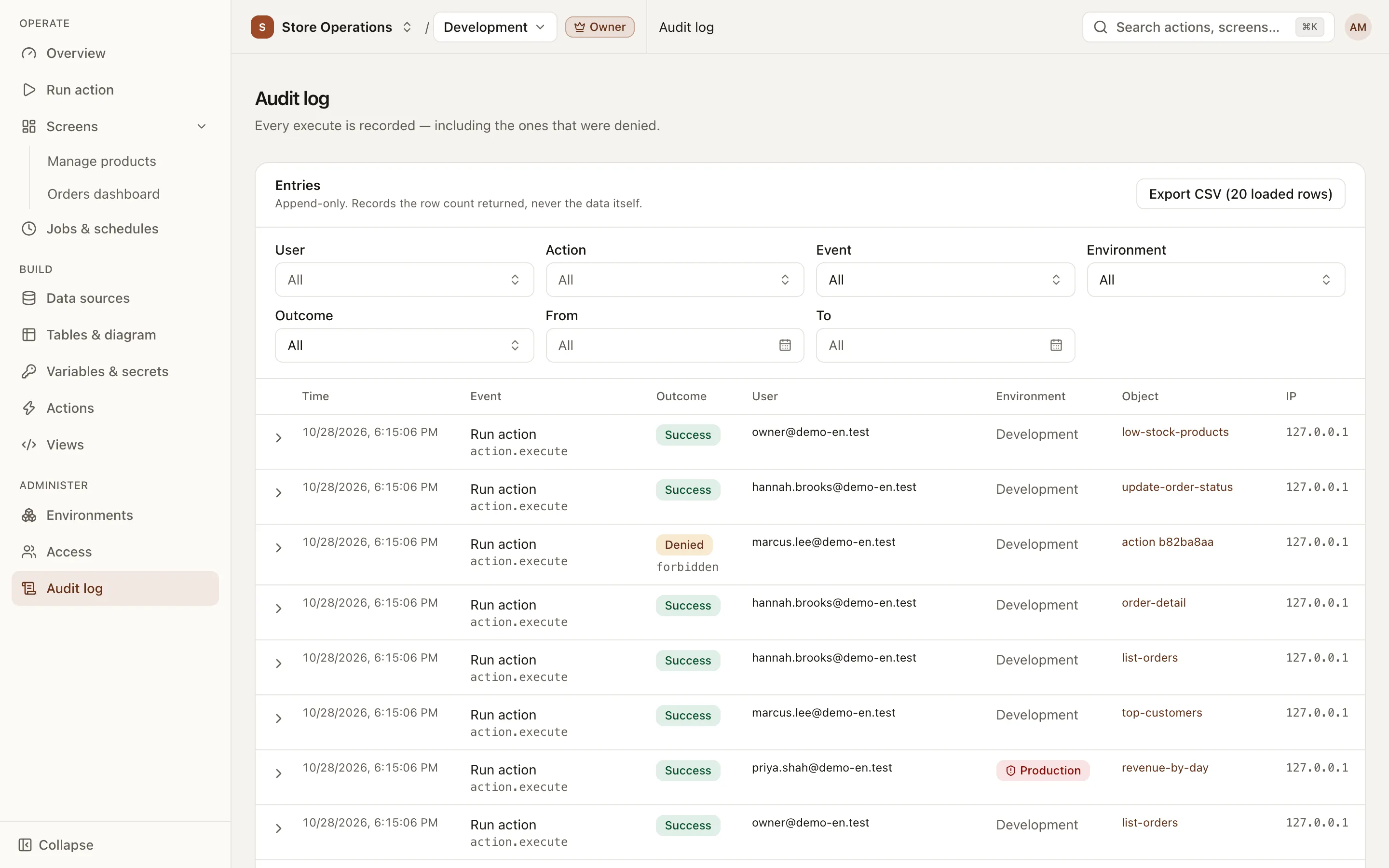 Audit log page: a list of events with user, event, environment, outcome and date filters