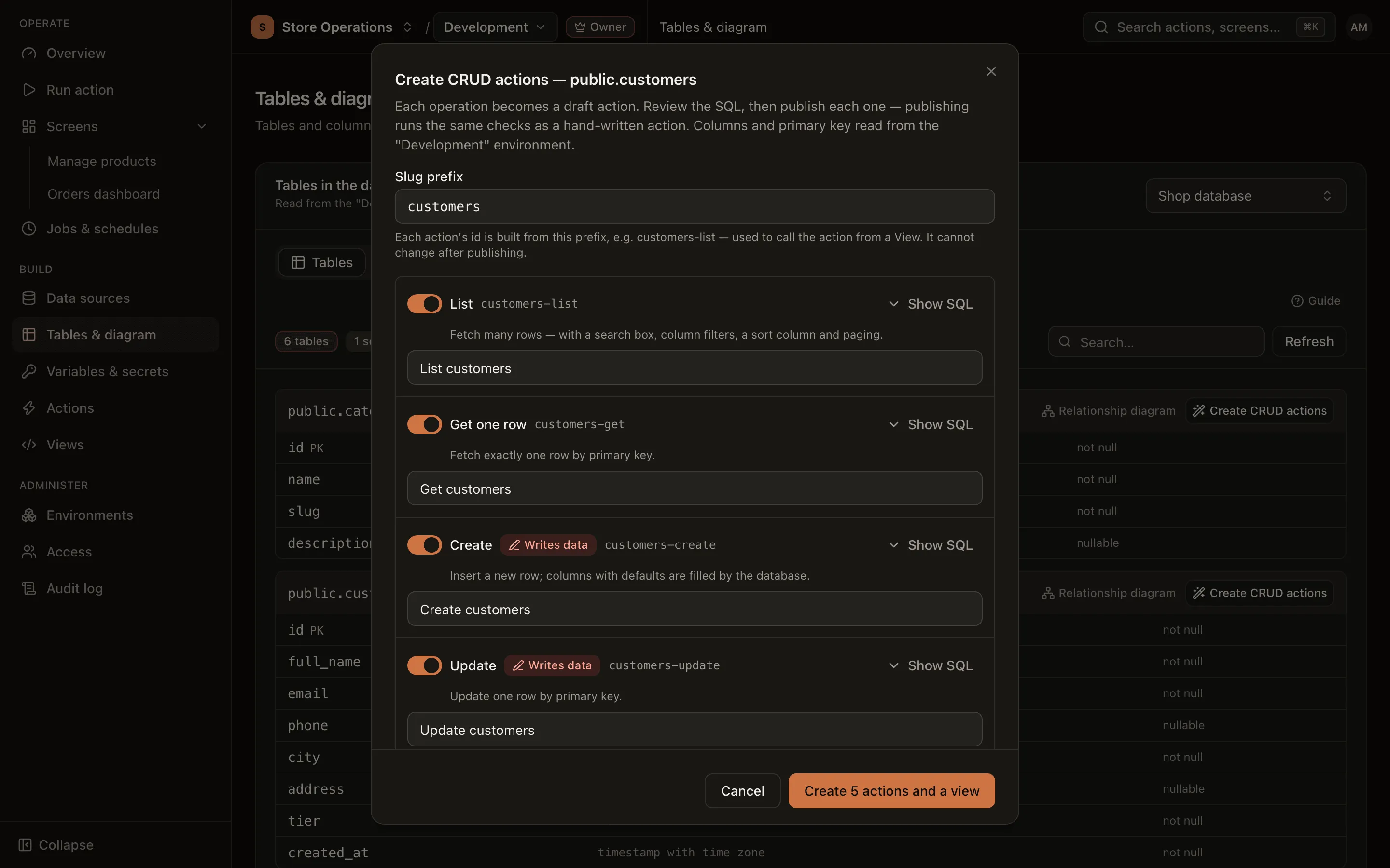 Create CRUD actions dialog for a table: slug prefix, operations, environments, who can run them and the view option