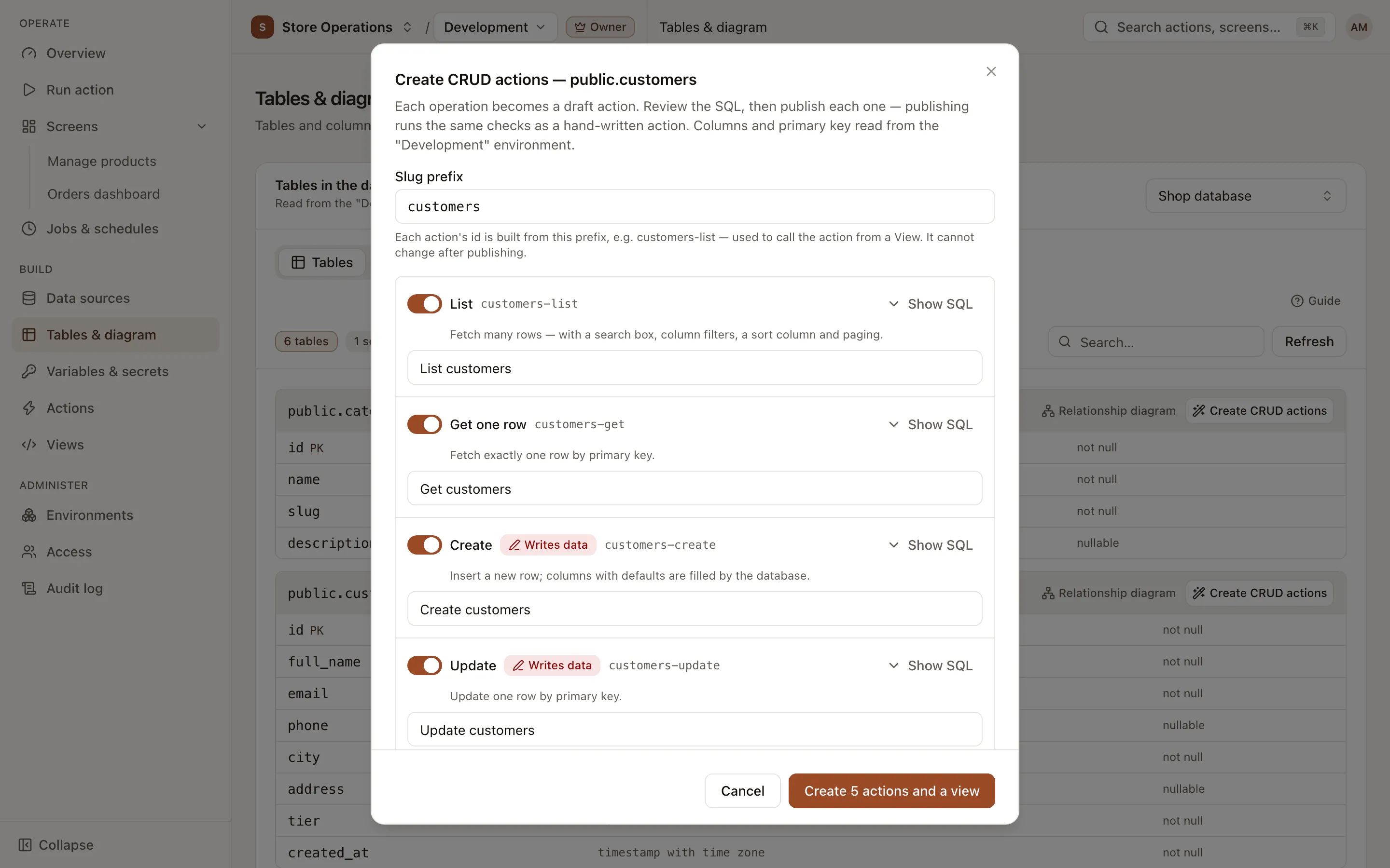 Create CRUD actions dialog for a table: slug prefix, operations, environments, who can run them and the view option