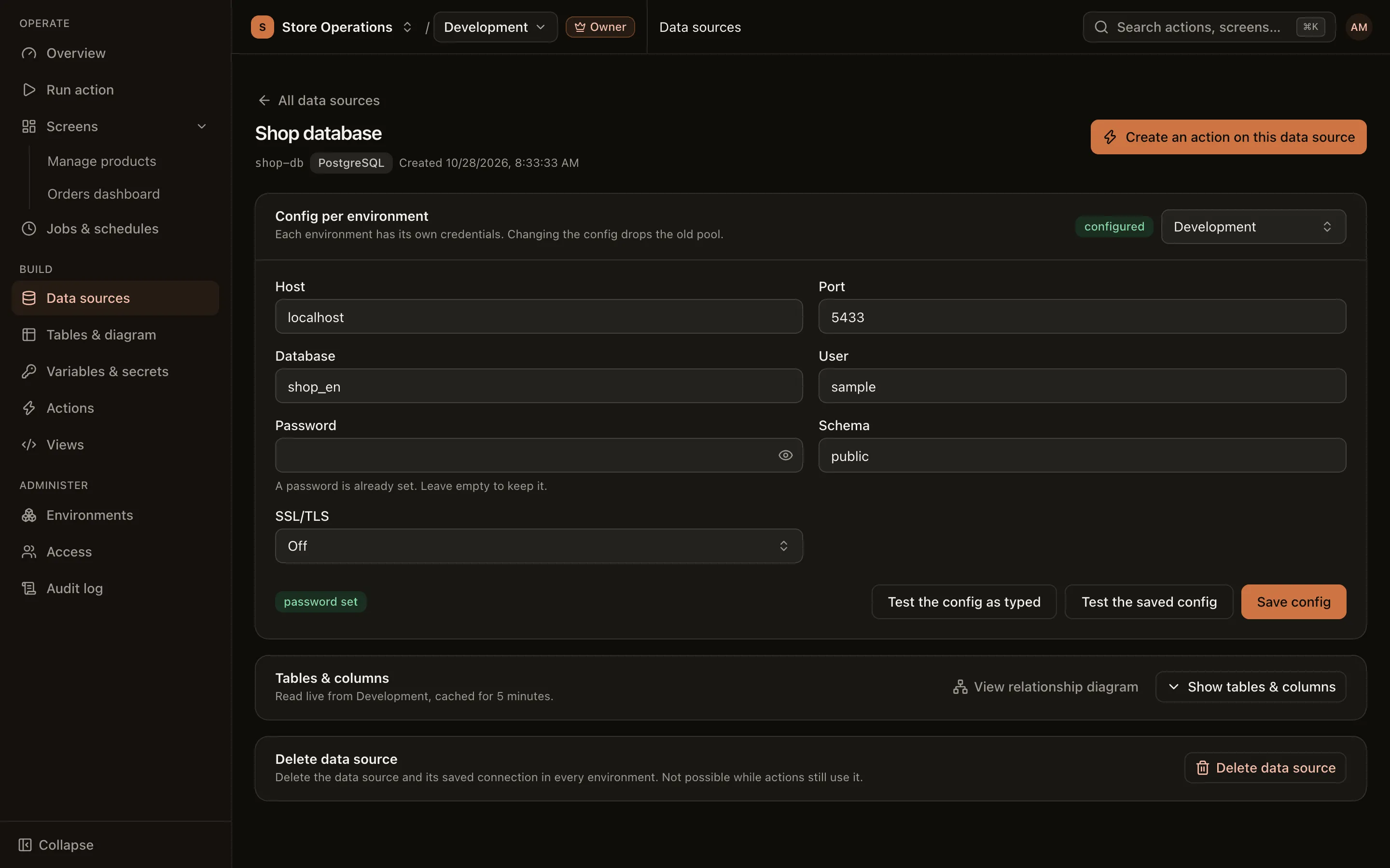 Data source detail page, Config per environment card with Host, Port, Database, User; the Password field only says a password is set