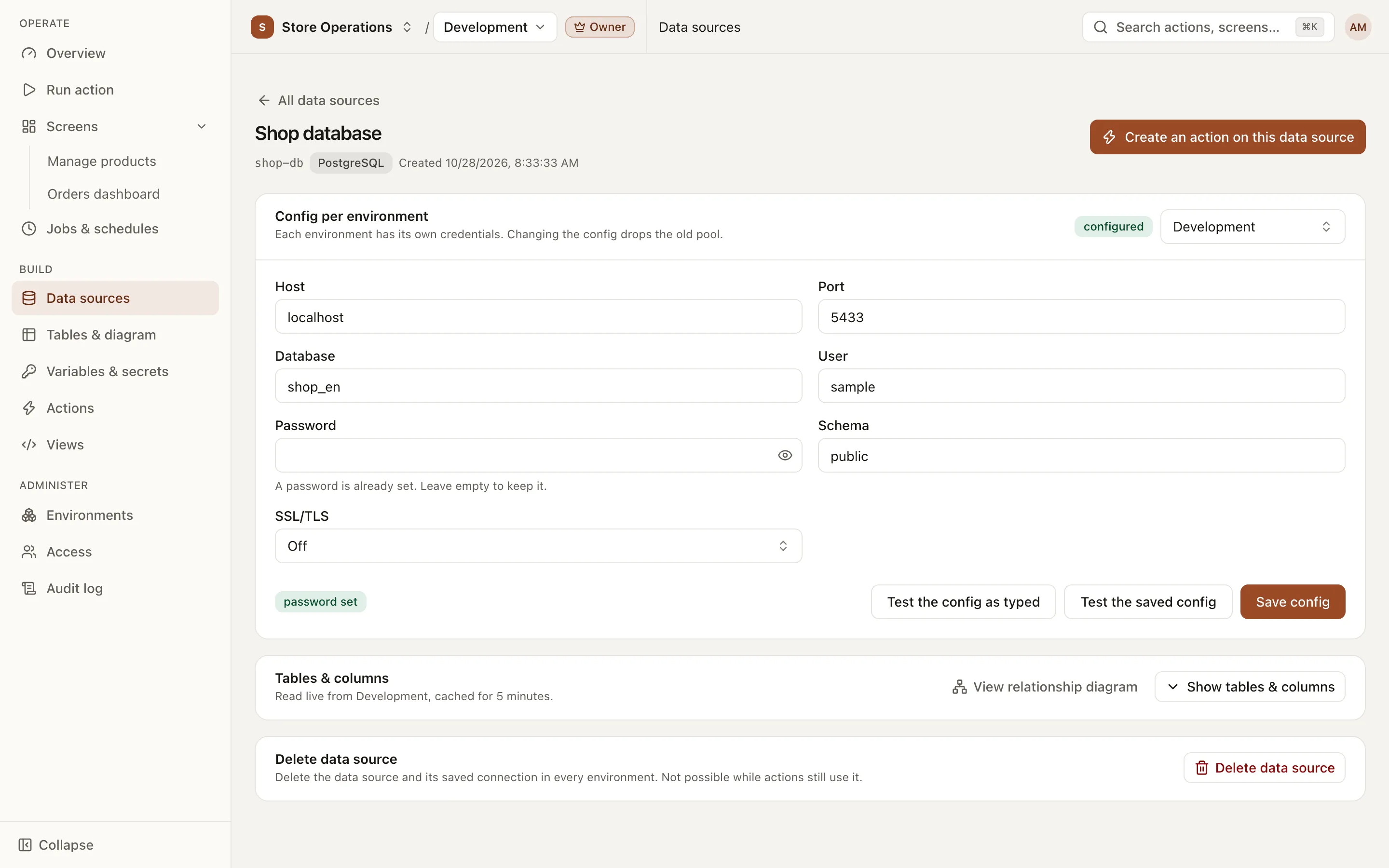 Data source detail page, Config per environment card with Host, Port, Database, User; the Password field only says a password is set