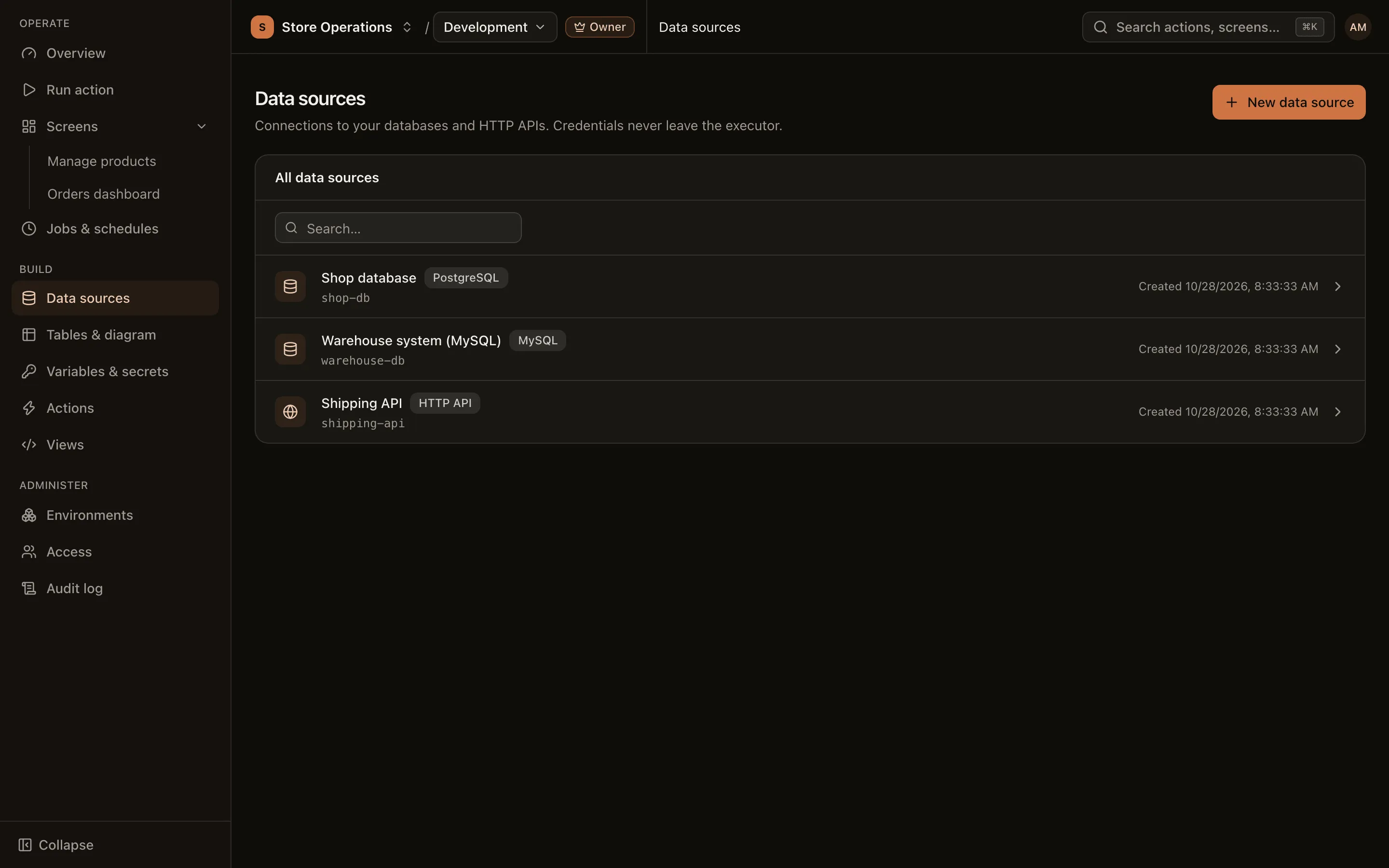 The project's data source list, each row showing a name, slug and kind: PostgreSQL, MySQL or HTTP API