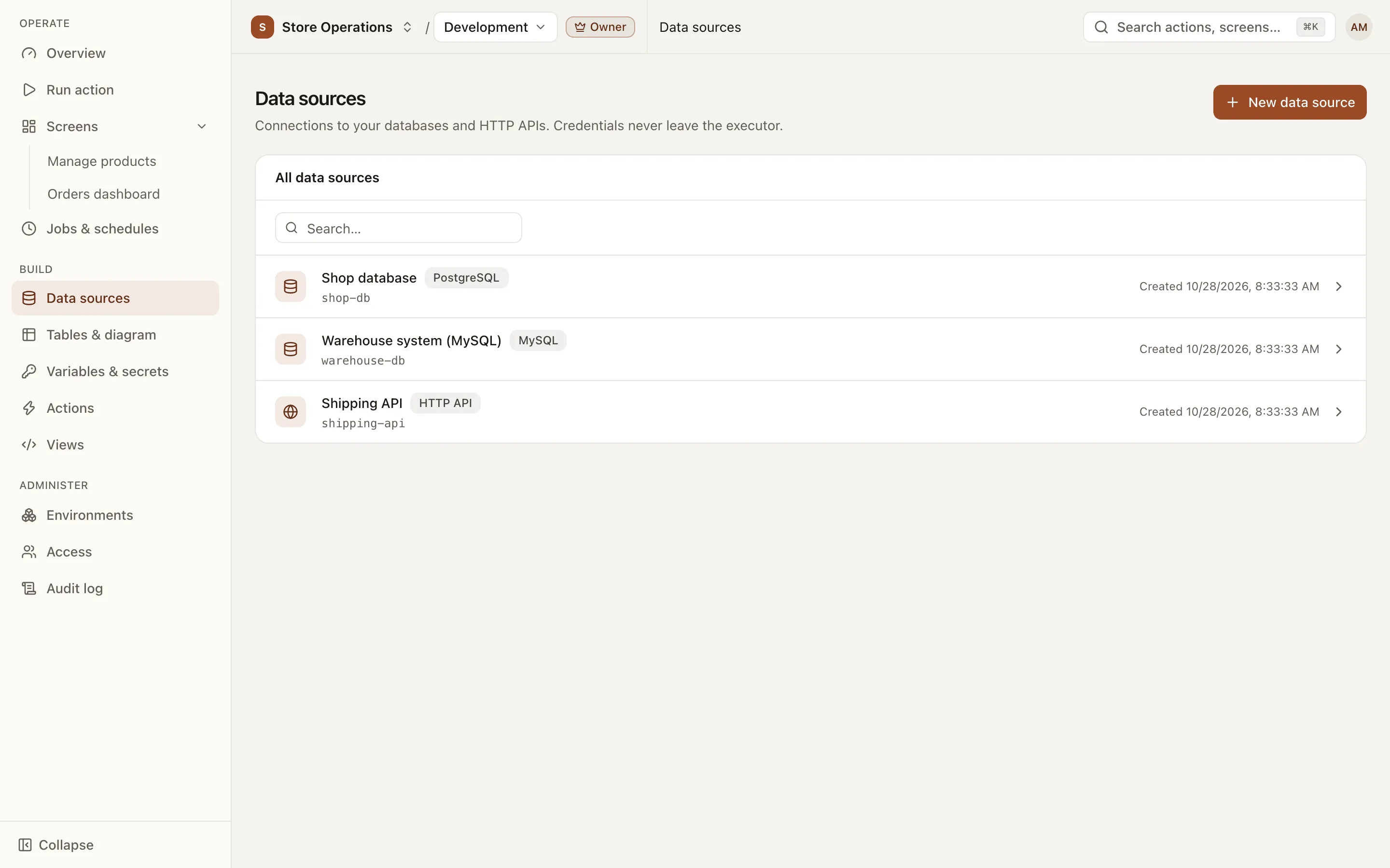 The project's data source list, each row showing a name, slug and kind: PostgreSQL, MySQL or HTTP API