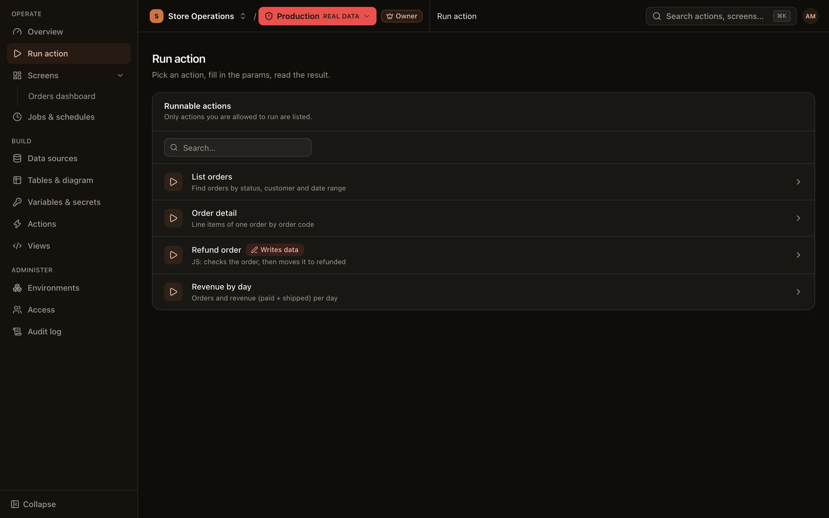 The Run action page with the prod environment selected and a red environment switcher