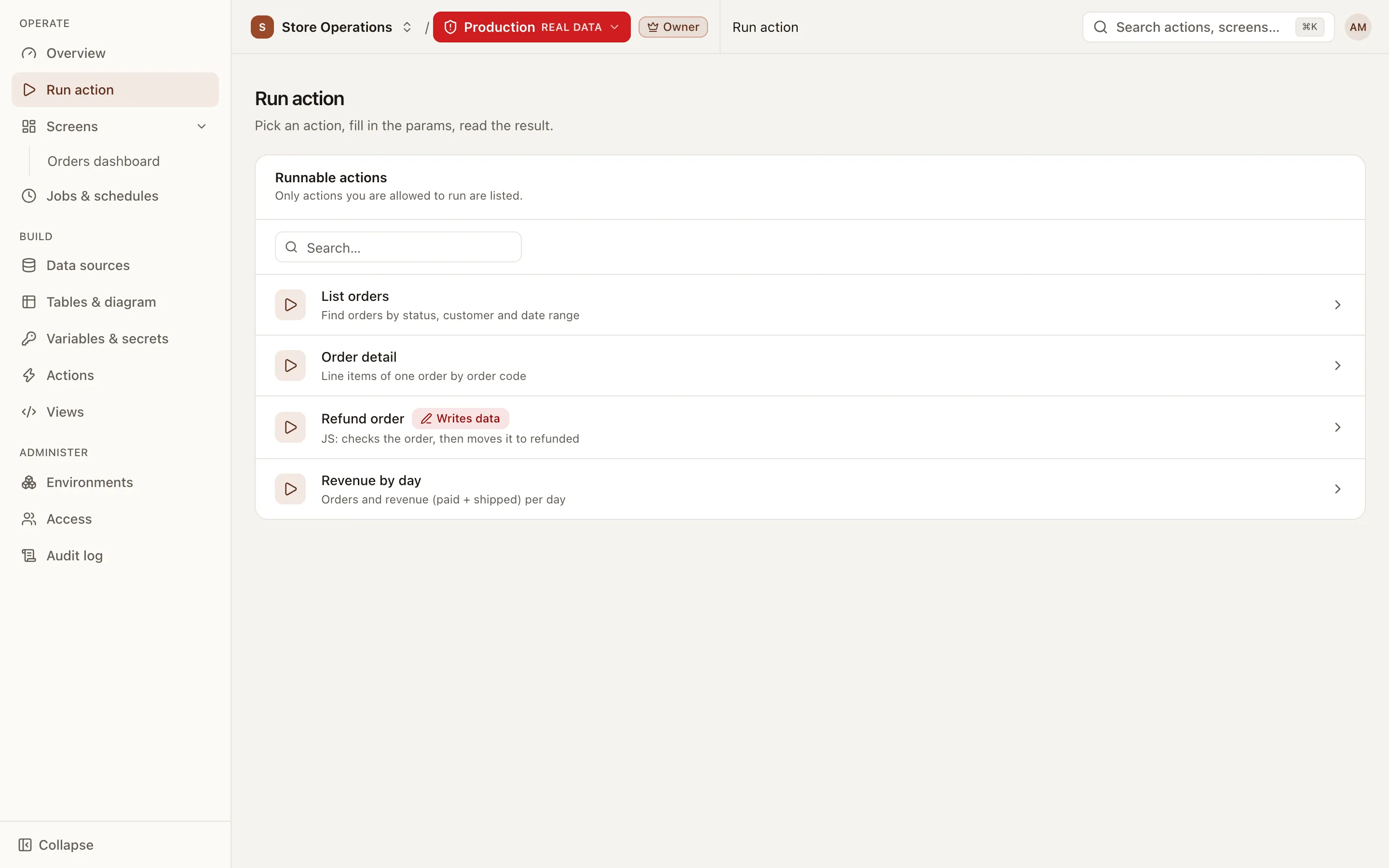 The Run action page with the prod environment selected and a red environment switcher