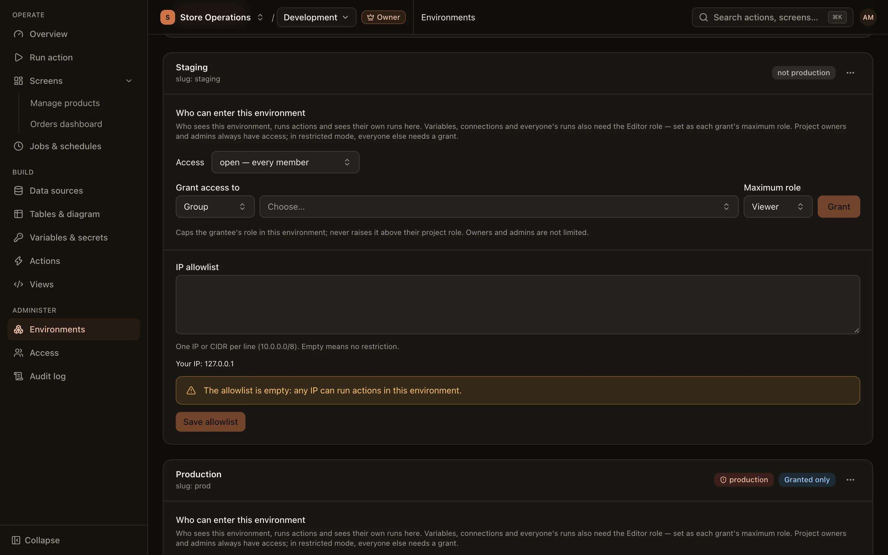 The Environments page with dev, staging and prod, prod marked as production