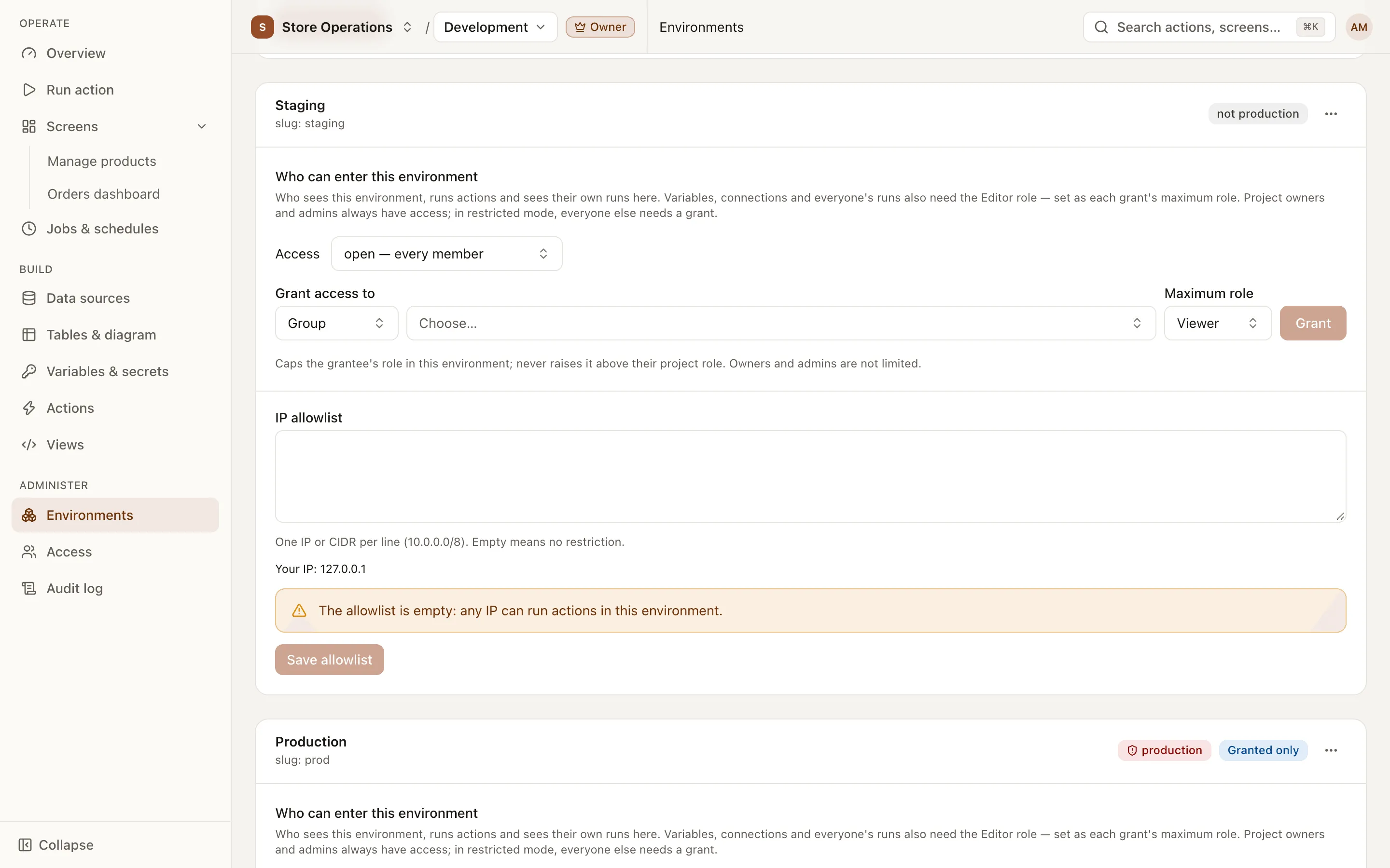 The Environments page with dev, staging and prod, prod marked as production