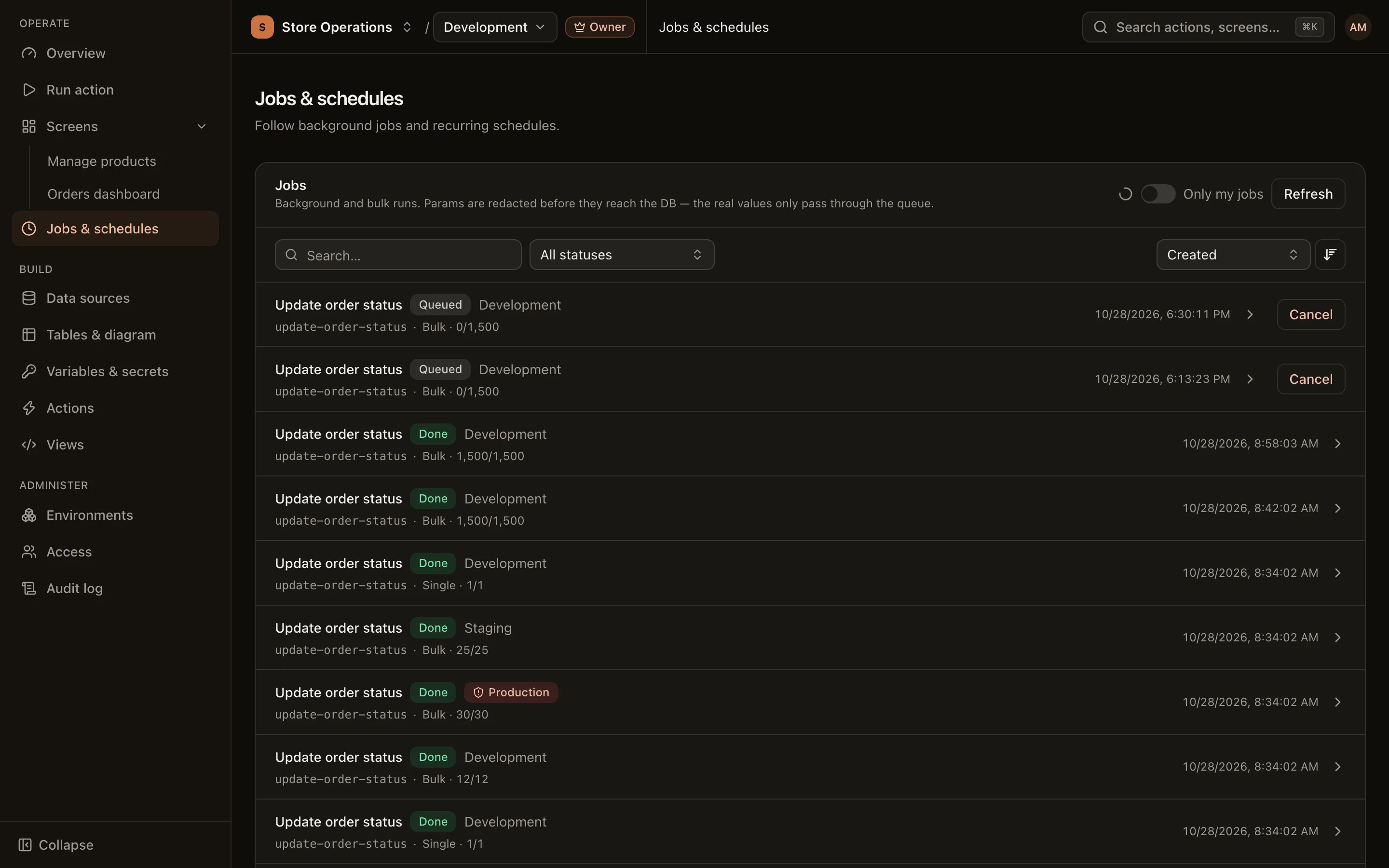 Jobs & schedules page: a list of finished, running and bulk jobs