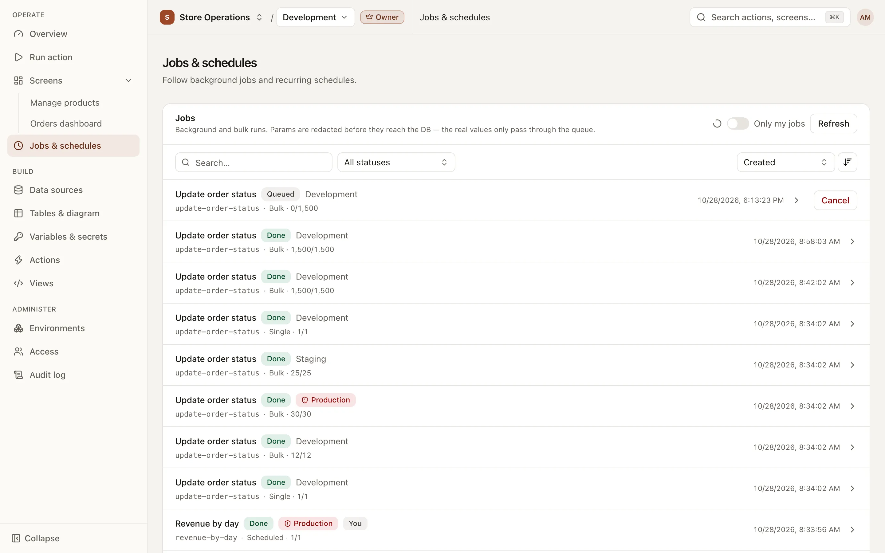 Jobs & schedules page: a list of finished, running and bulk jobs