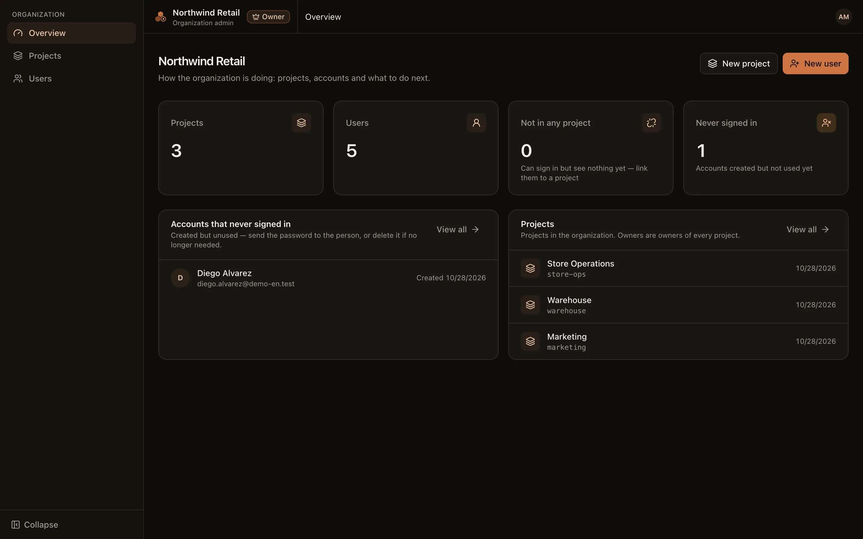 The Organization admin page with four figures and the project list
