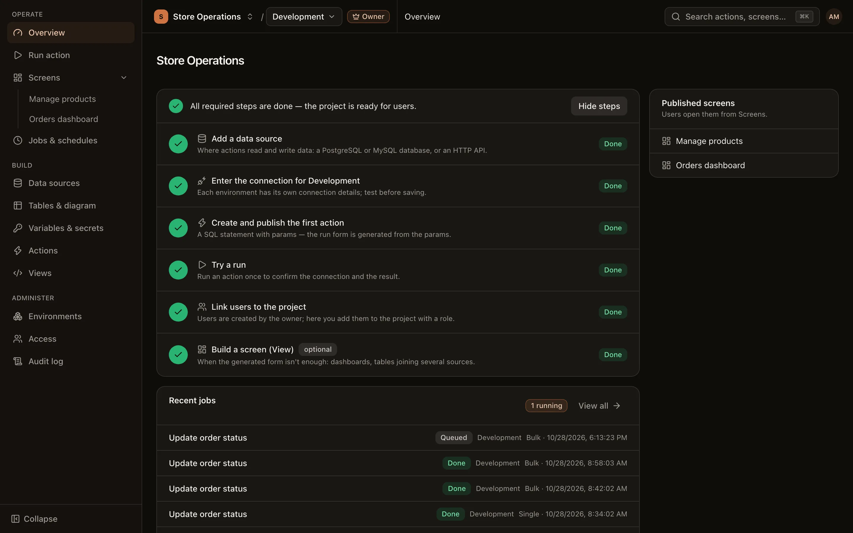 The Overview page with the Project setup checklist, most steps done