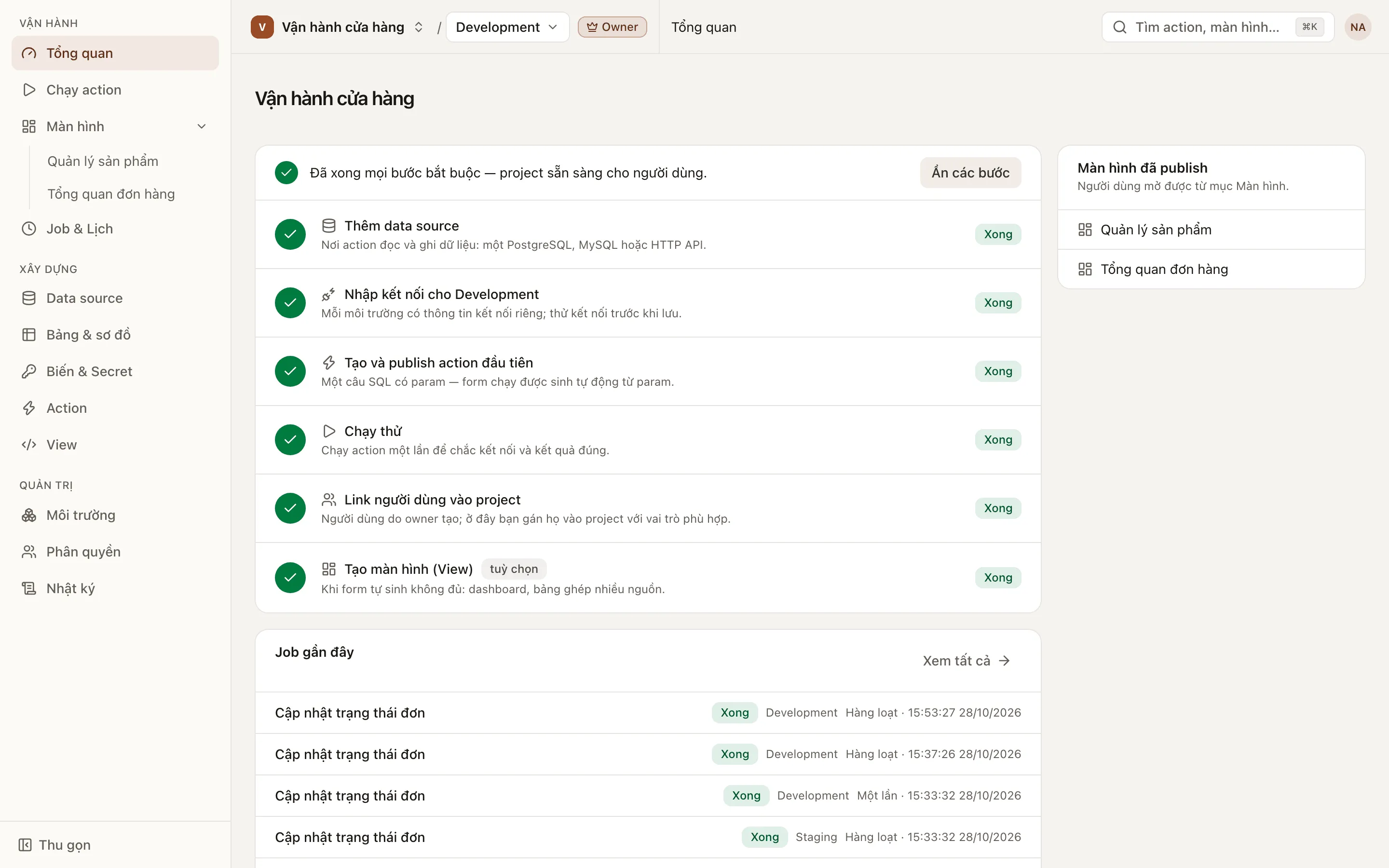 Trang Tổng quan với checklist Thiết lập project, phần lớn các bước đã xong