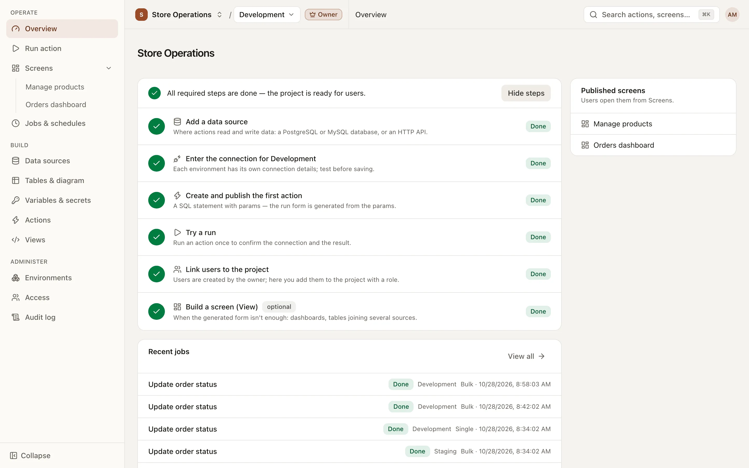 The Overview page with the Project setup checklist, most steps done