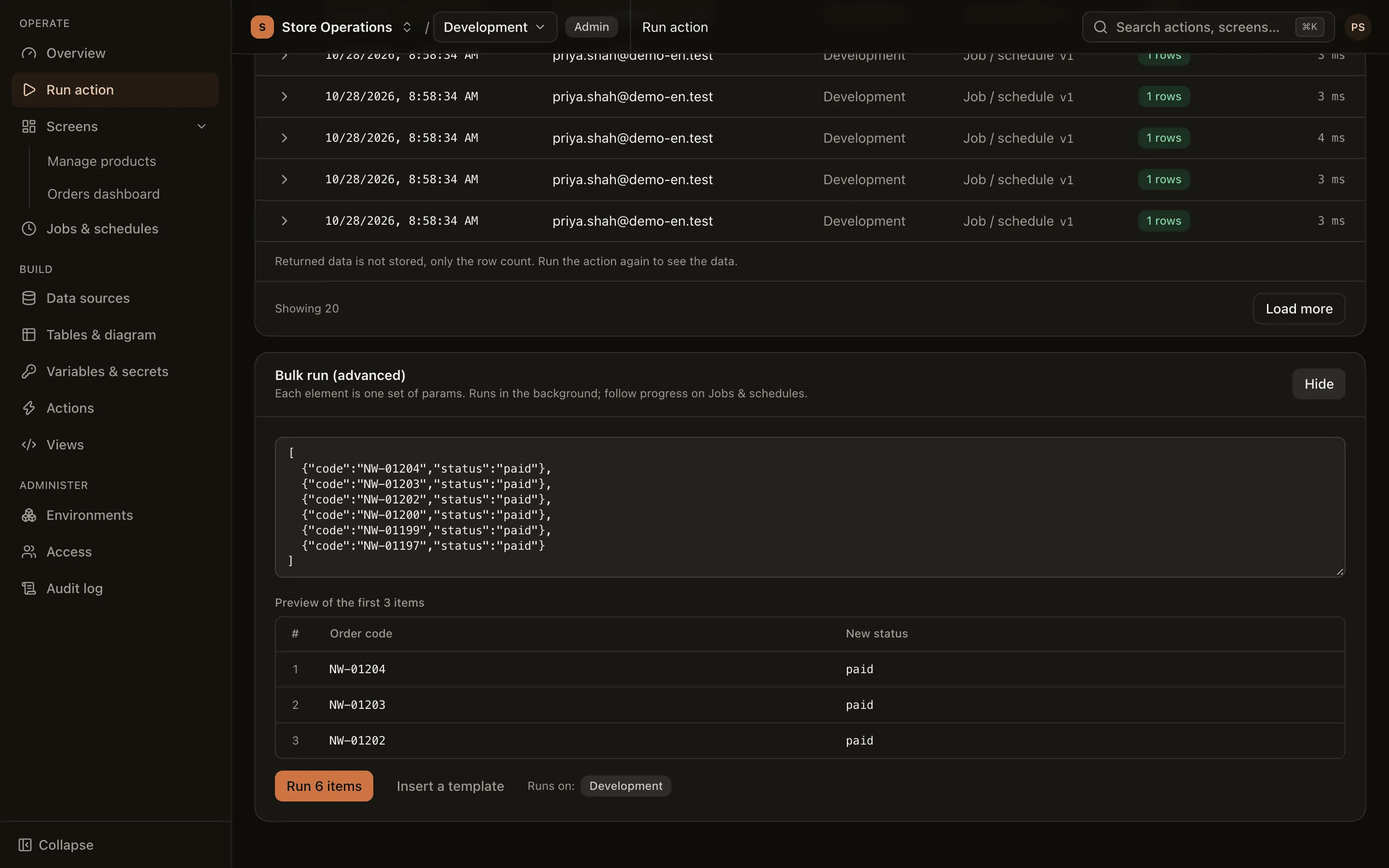 Bulk run panel: parameter sets and a preview before running