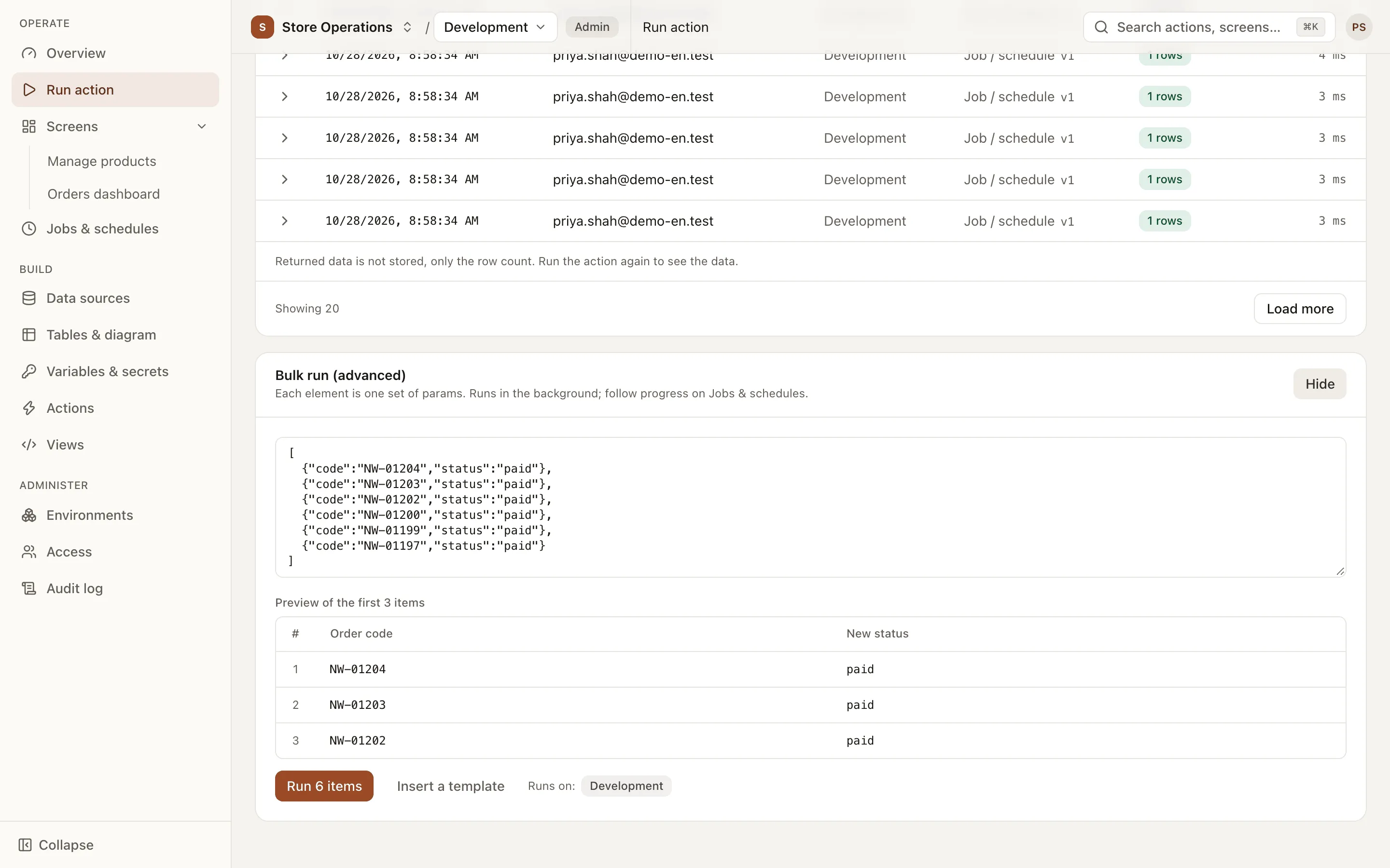 Bulk run panel: parameter sets and a preview before running