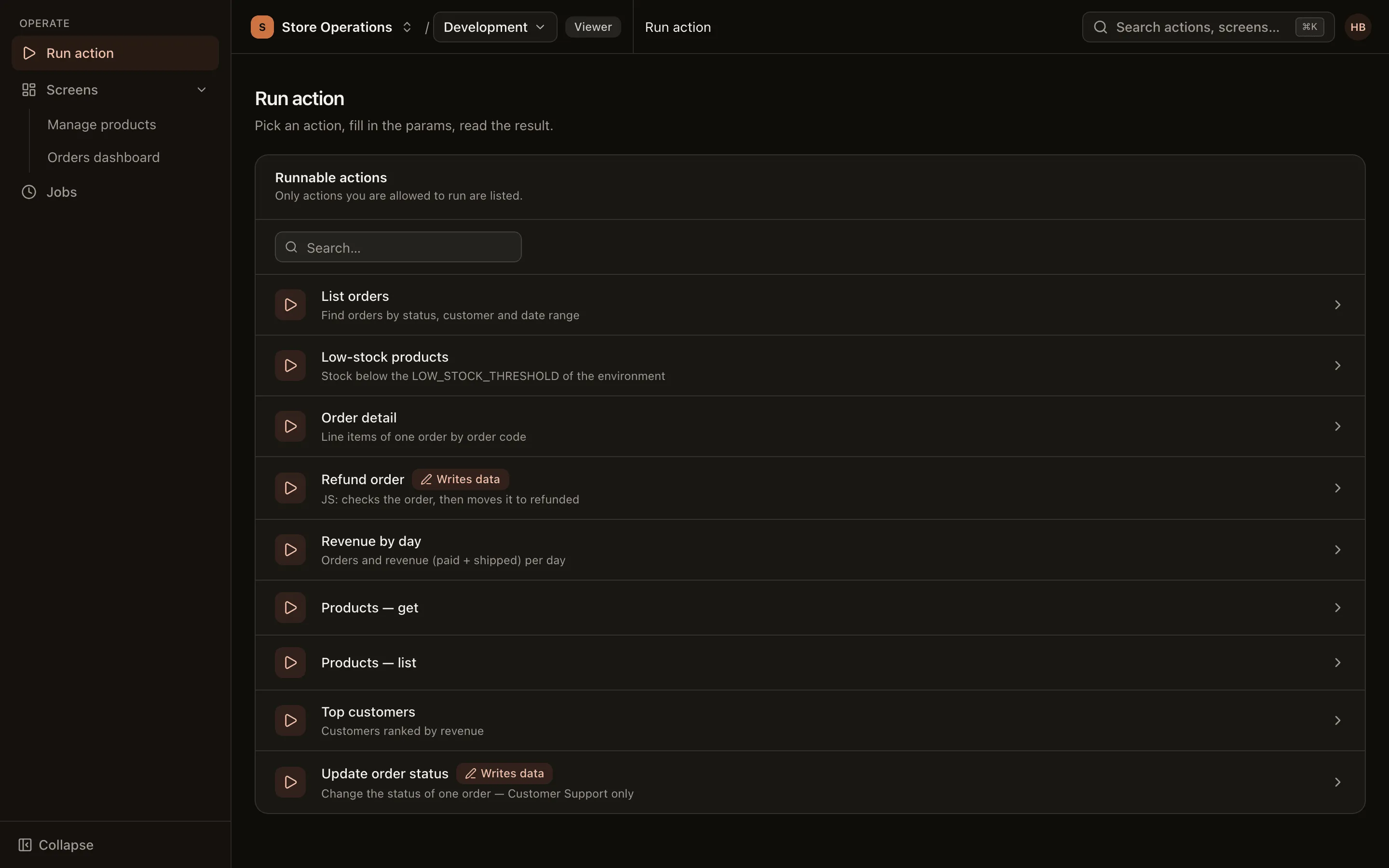 Run action page: the list of actions you may run in the selected environment