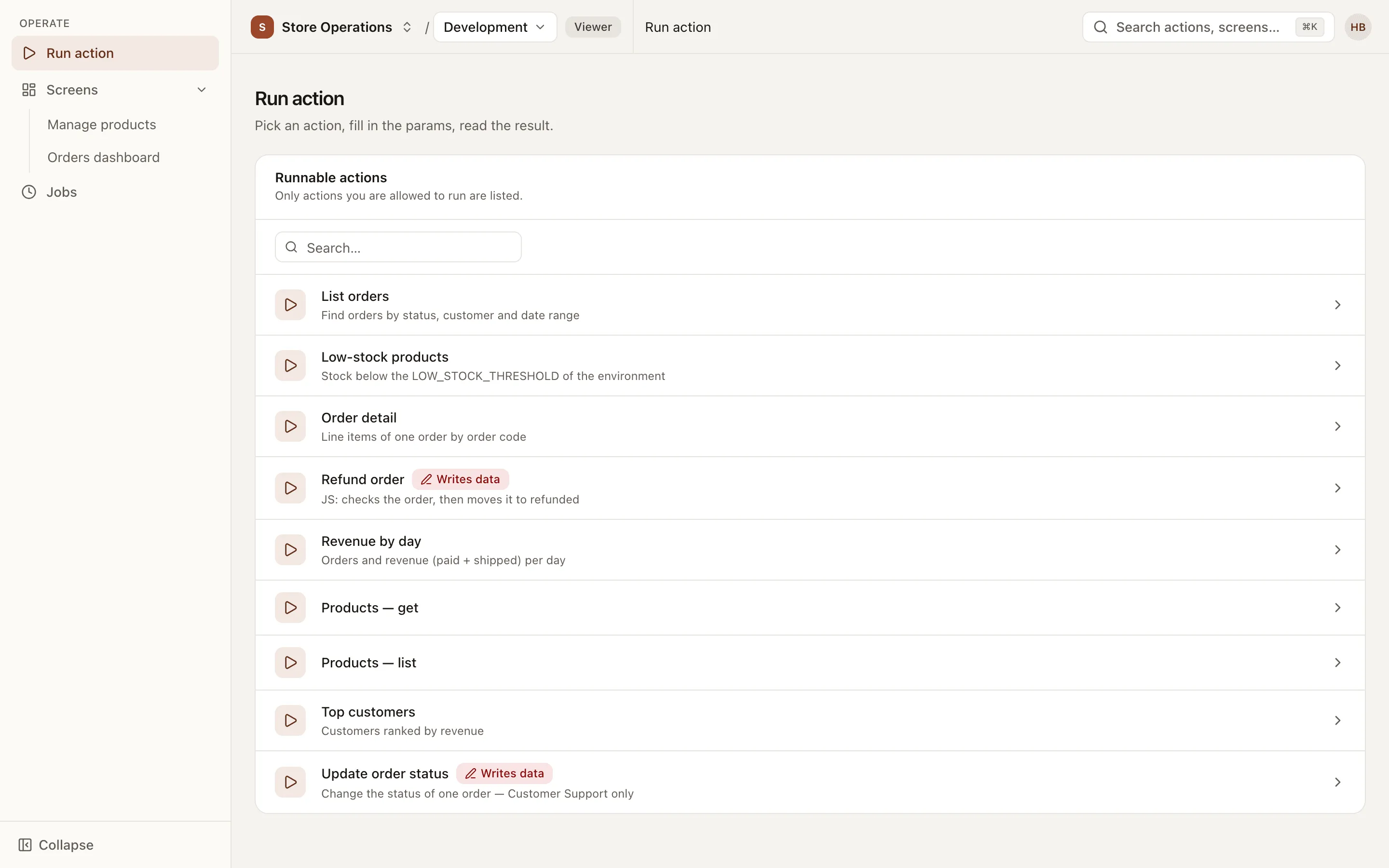 Run action page: the list of actions you may run in the selected environment