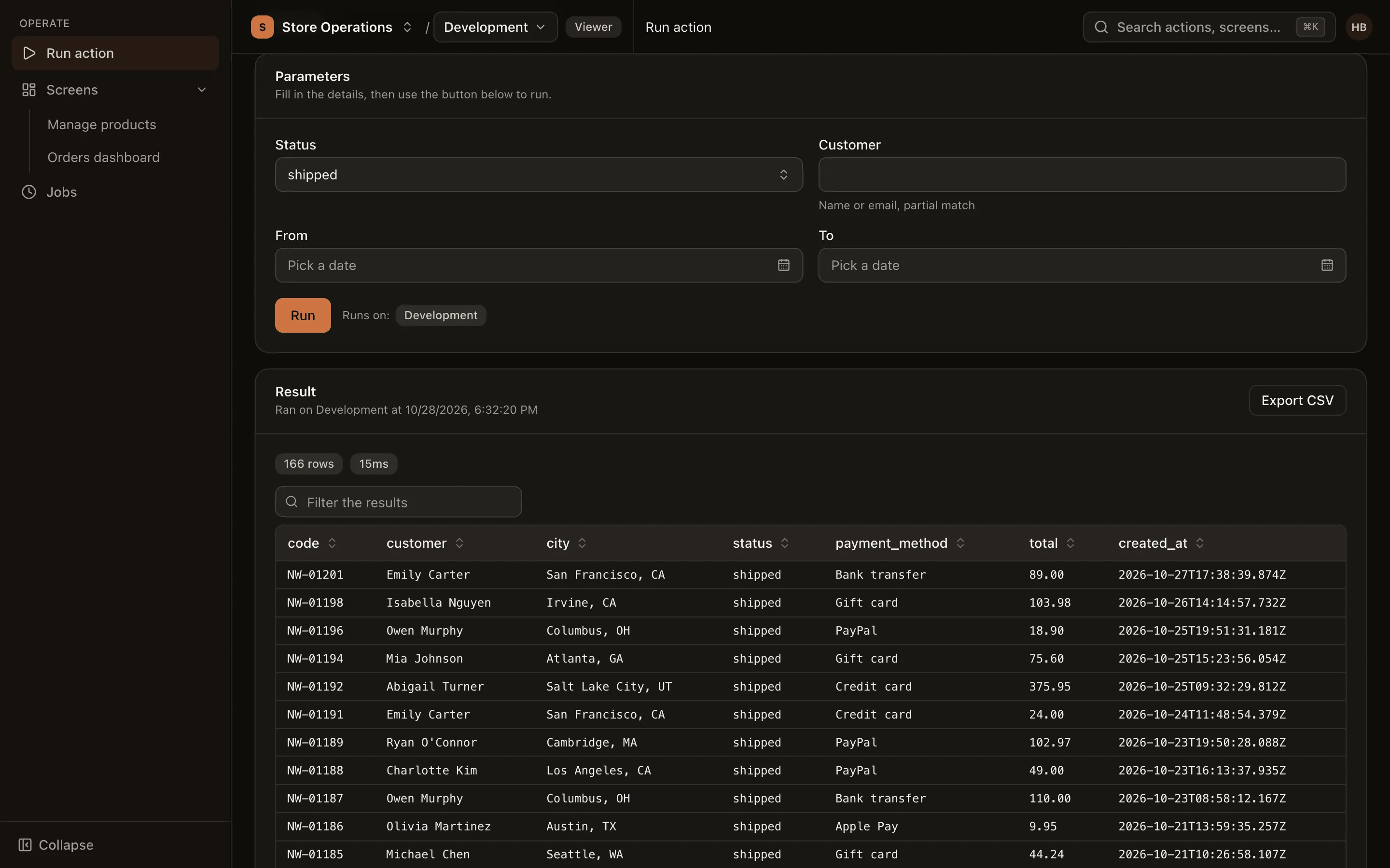 The Run action page with a parameter form and a multi-row result table