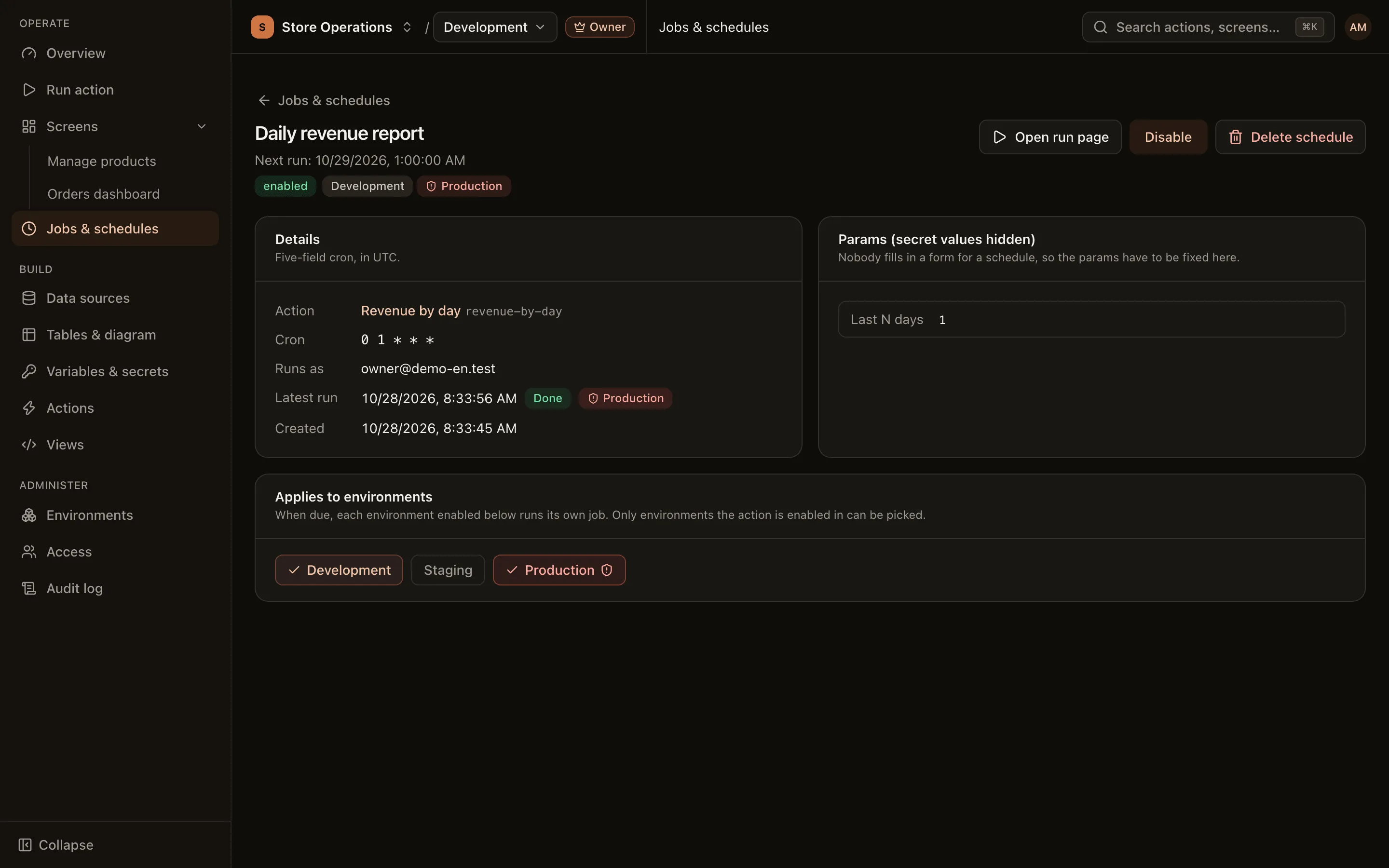 Schedule detail page: cron, run-as user, environments and next run