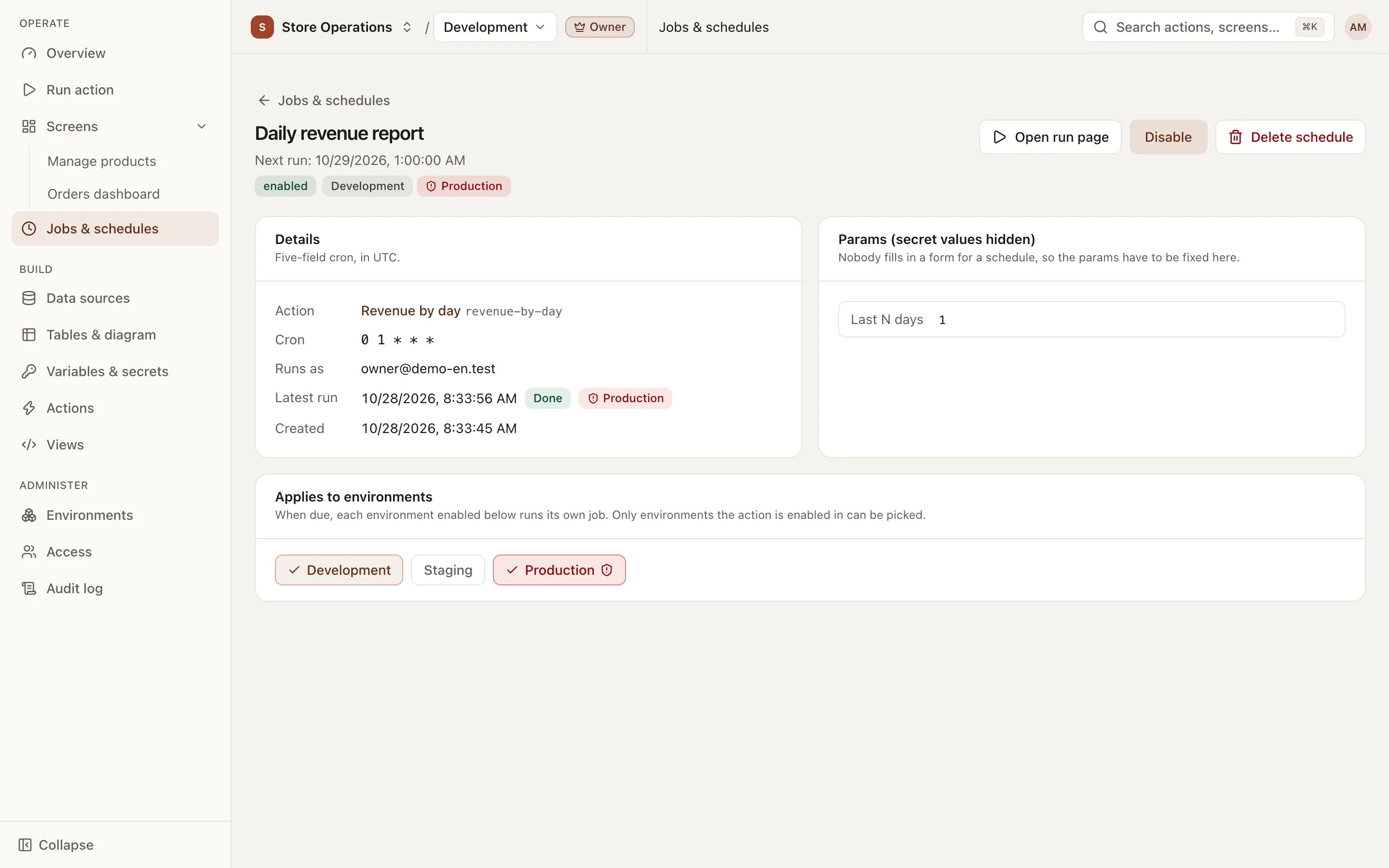 Schedule detail page: cron, run-as user, environments and next run