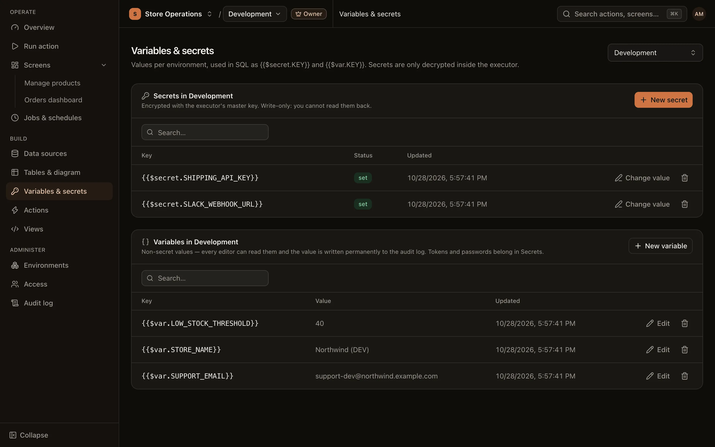 Variables & secrets page: the variables table and the secrets table of the selected environment