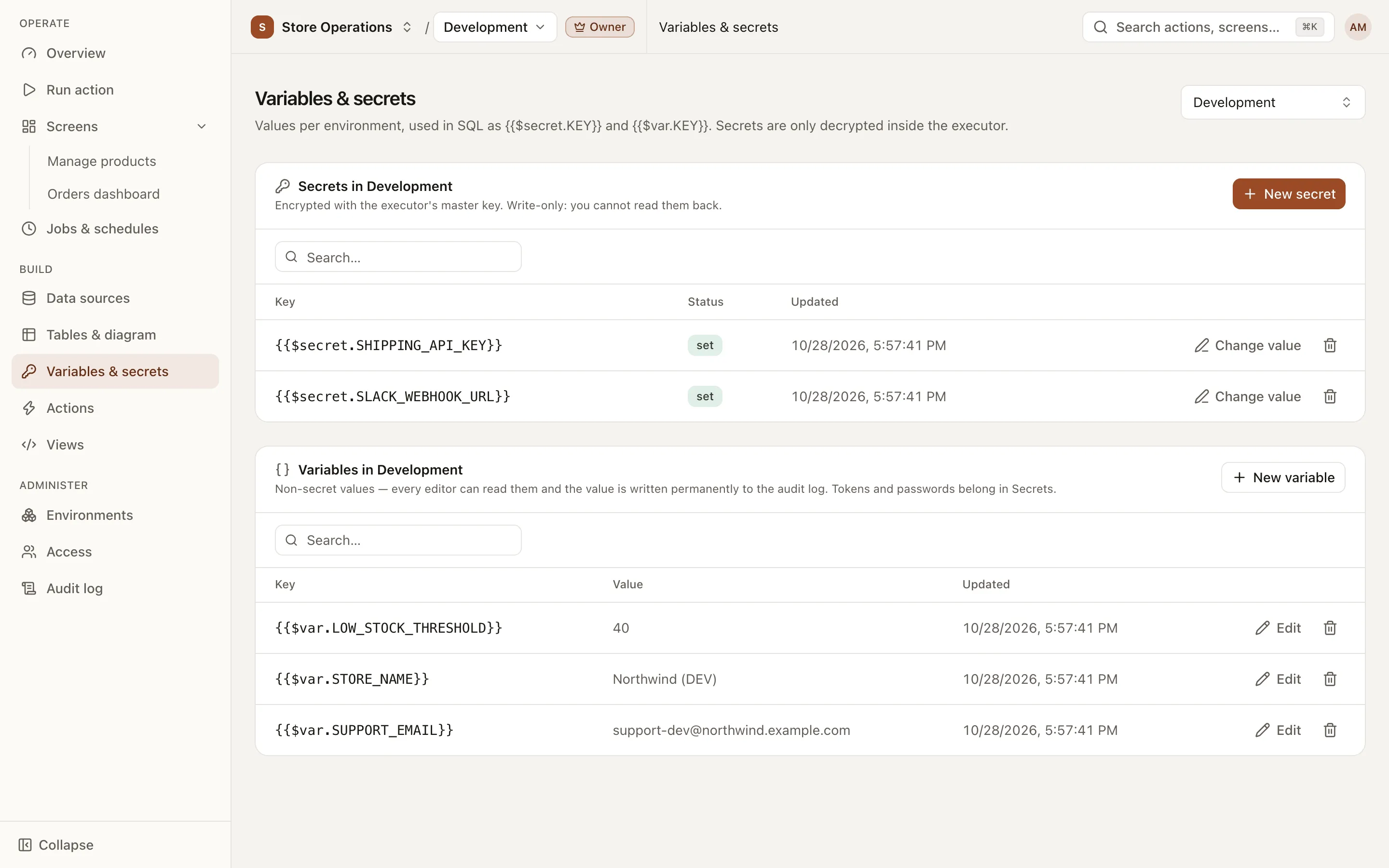 Variables & secrets page: the variables table and the secrets table of the selected environment