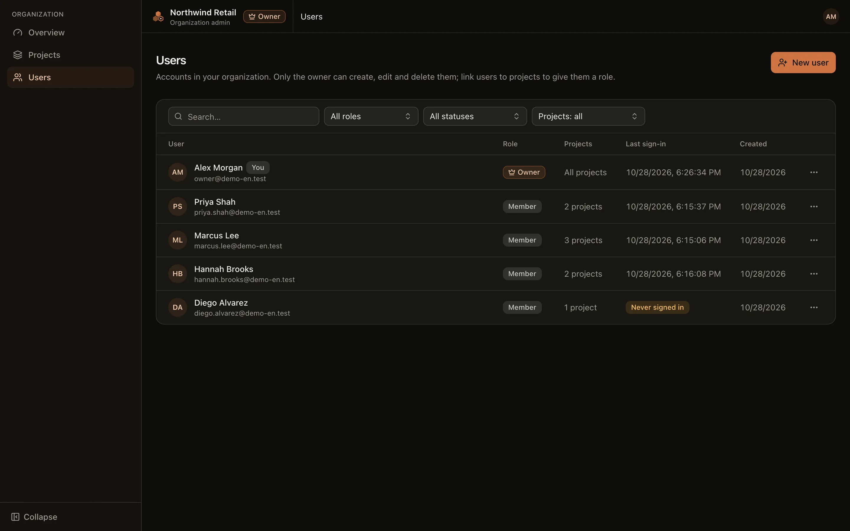 The user list with roles, project counts and last sign-in