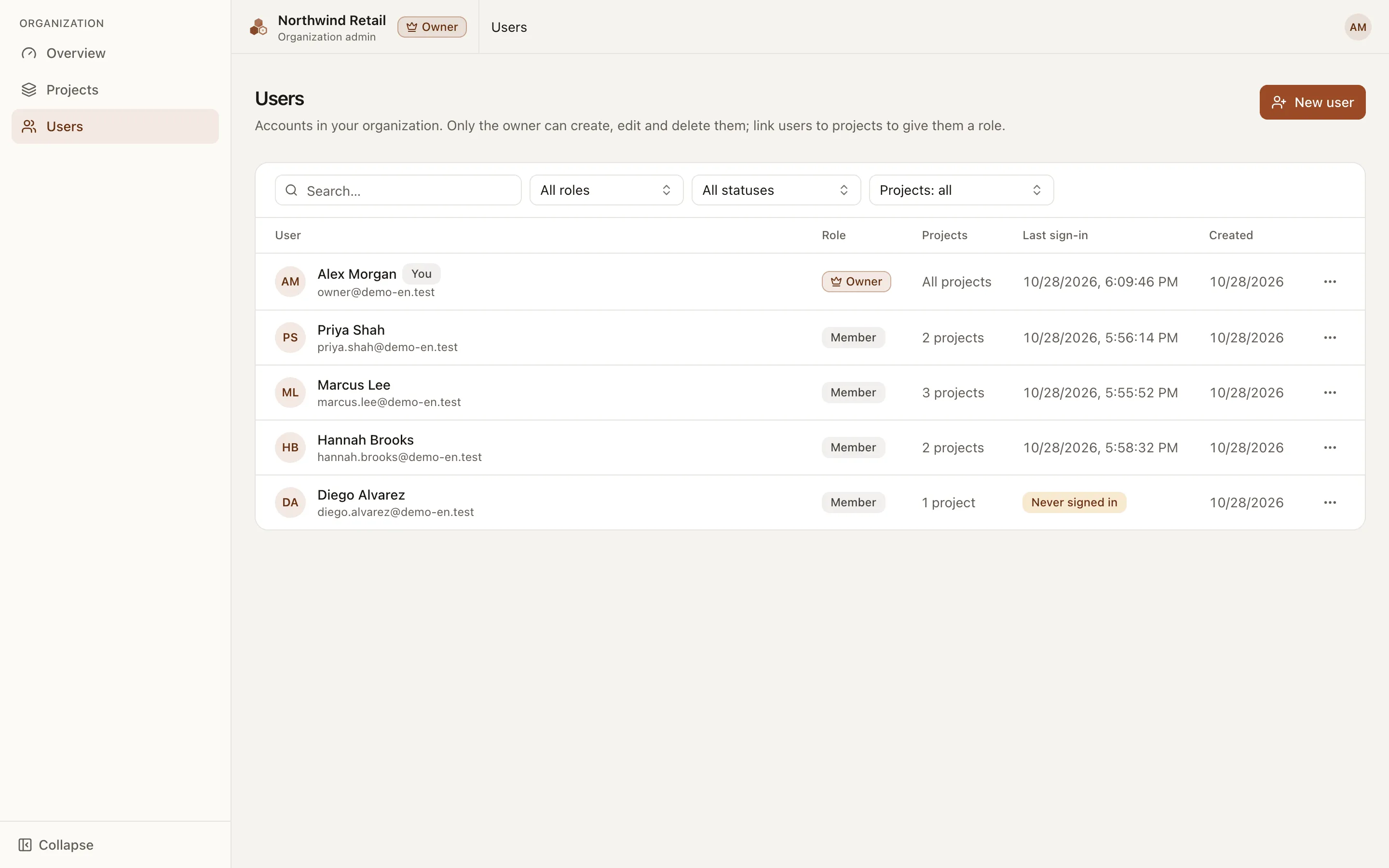 The user list with roles, project counts and last sign-in