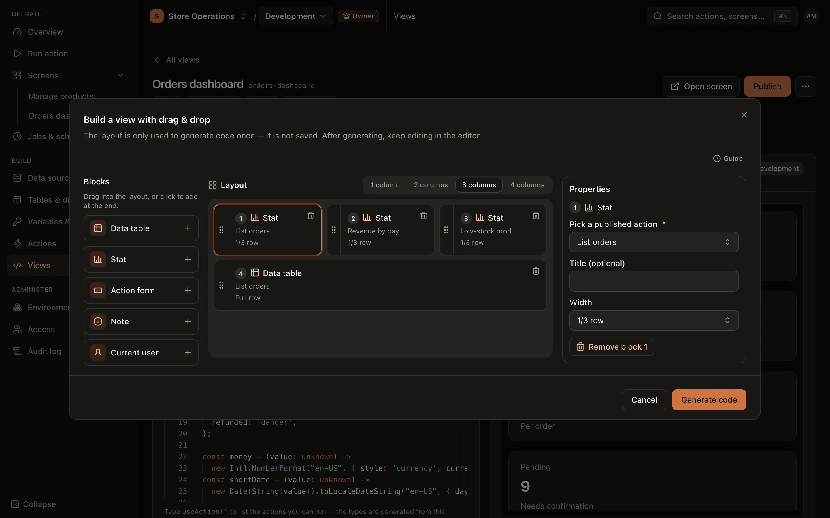 Build a view with drag & drop dialog: the Blocks column, the Layout grid and the Properties column