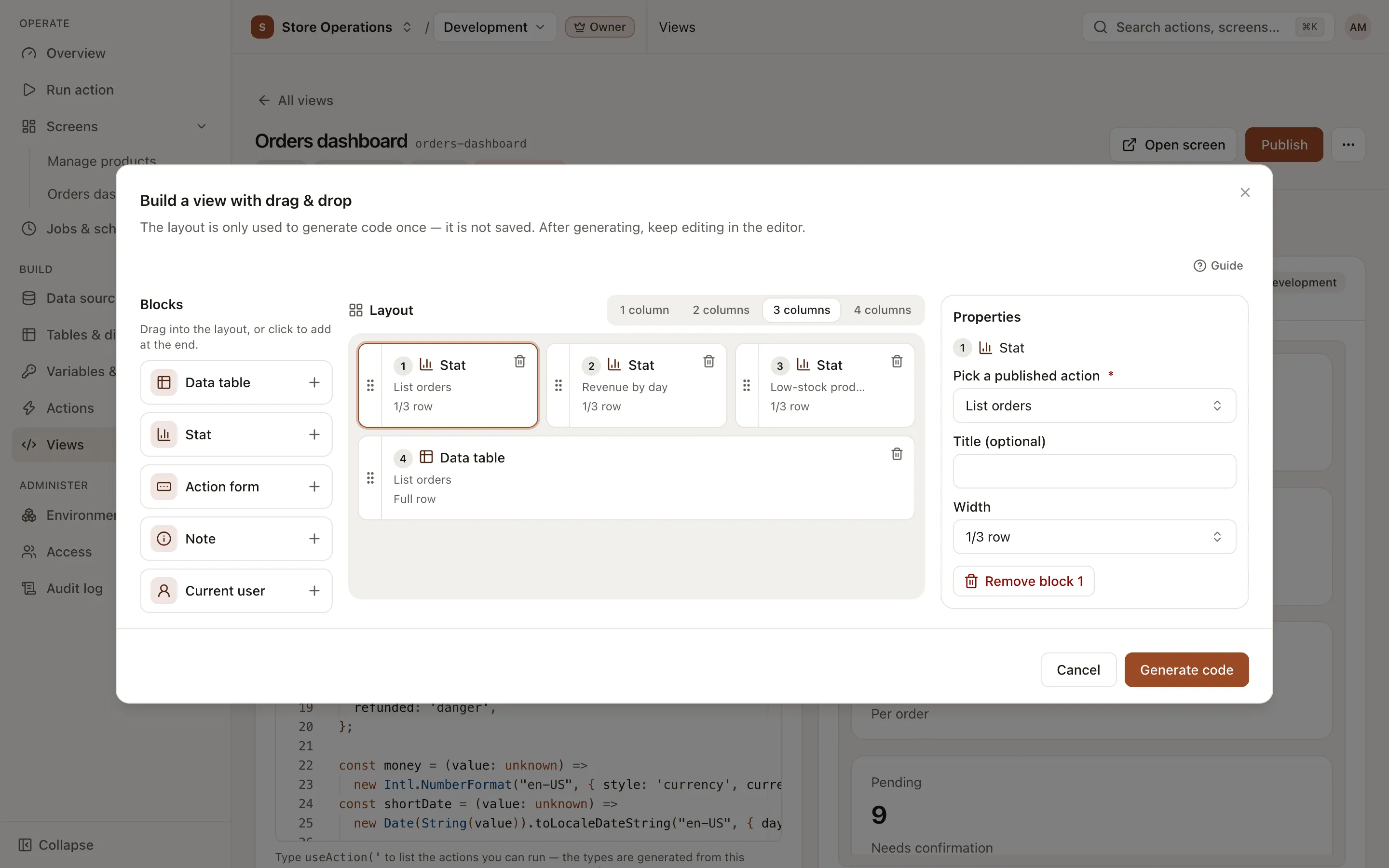 Build a view with drag & drop dialog: the Blocks column, the Layout grid and the Properties column