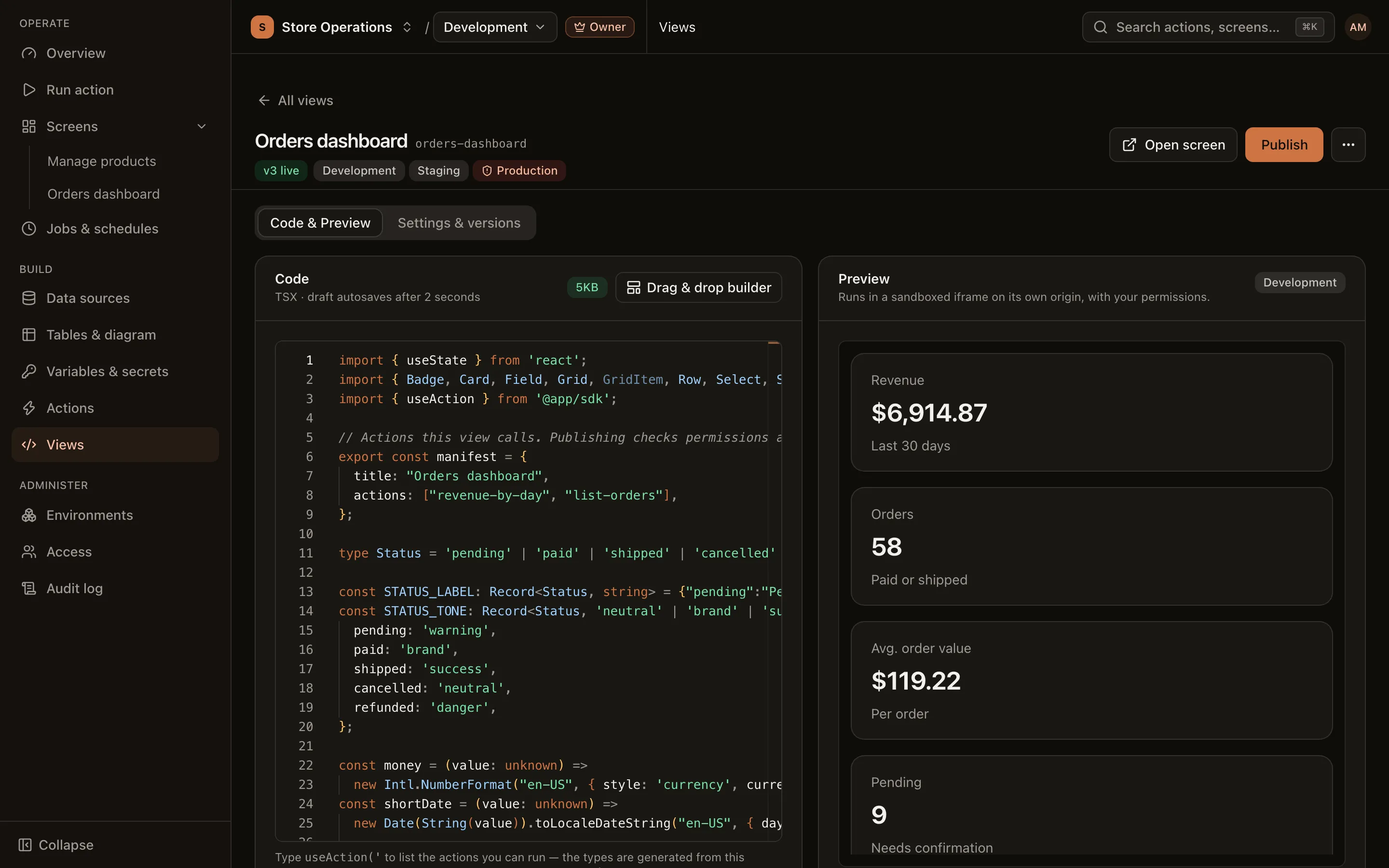 View page on the Code & Preview tab: the TSX editor on the left, the preview on the right