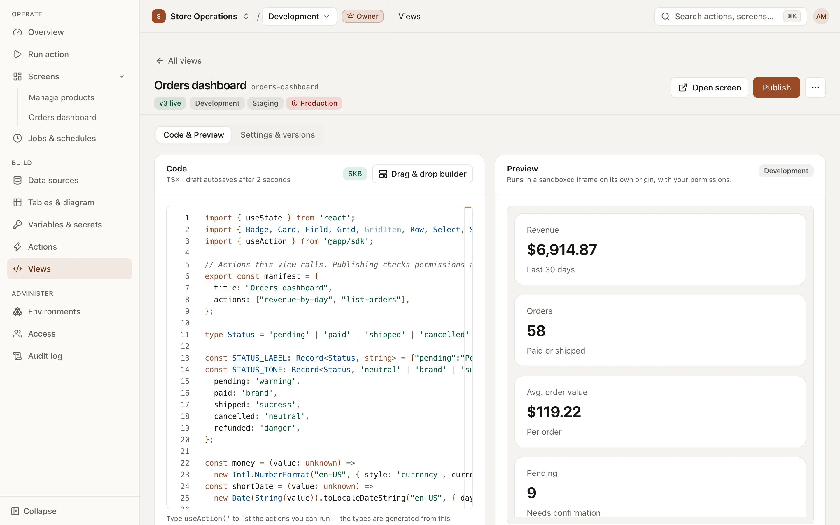 View page on the Code & Preview tab: the TSX editor on the left, the preview on the right